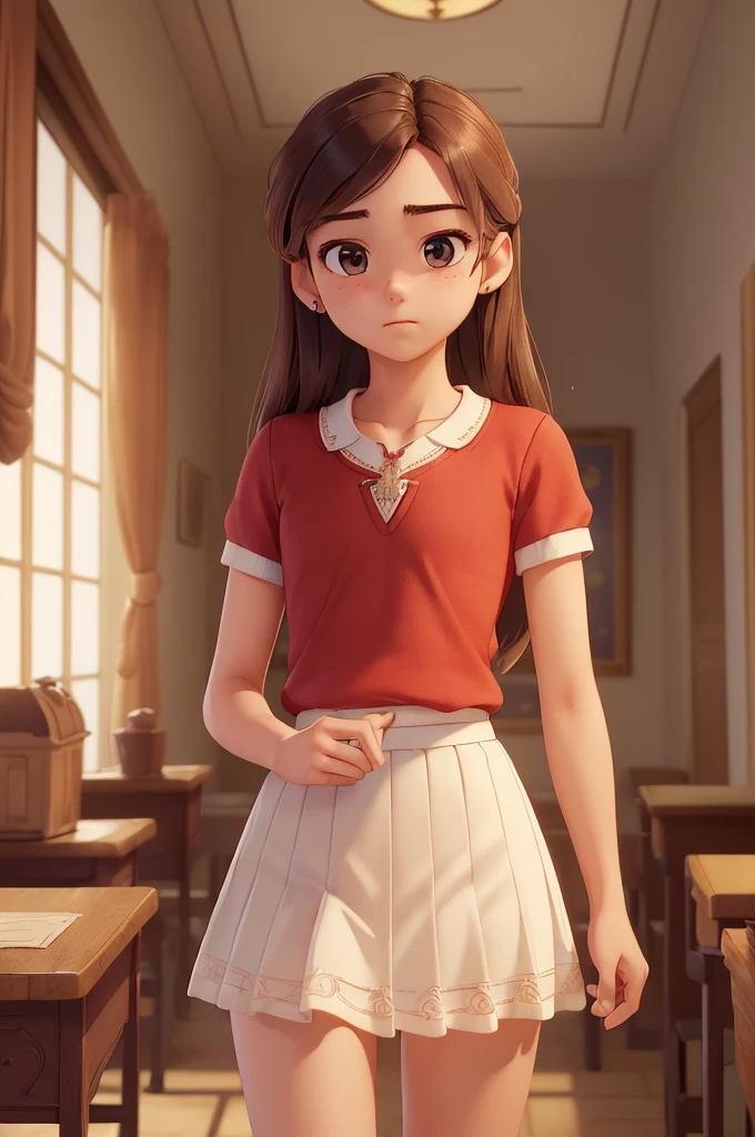 (A small chest:1.3),(Masterpiece, Best quality:1.4), (Beautiful, Aesthetic, Perfect, Delicate, Intricate:1.2),((Best quality)), ((Masterpiece)), (Detailed),(A high resolution:1.2), Classroom, An adult female, Red shirt, White skirt, sexy, sad face, placing her right hand on her pussy panties, big ass