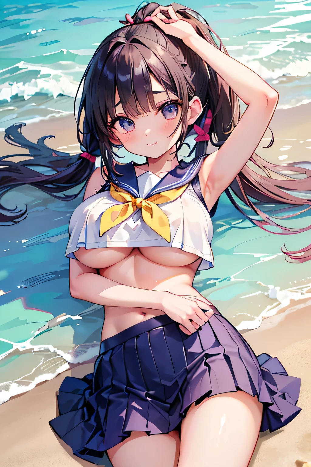 Highest quality、High resolution、Detailed Background、(Beautiful face in every detail:1.4)、Anatomically correct、(Detailed  expressions)、(Detailed eyes:1.2)、Teenage beauty、(Highly detailed face:1.4)、(:1.4)、
Cute hair colour、Bobcut、ponytail、Twin tails、well-groomed eyebrows、Perfect body line、Attractive thighs、Do cute things、
(Sleeveless sailor suit:1.2)、Pleated 、White 、no good、
Lying on the beach、Accentuate your 、(:1.2)、 Shot、smile、

(Beautiful girl lying on the beach with a big smile:1.5)