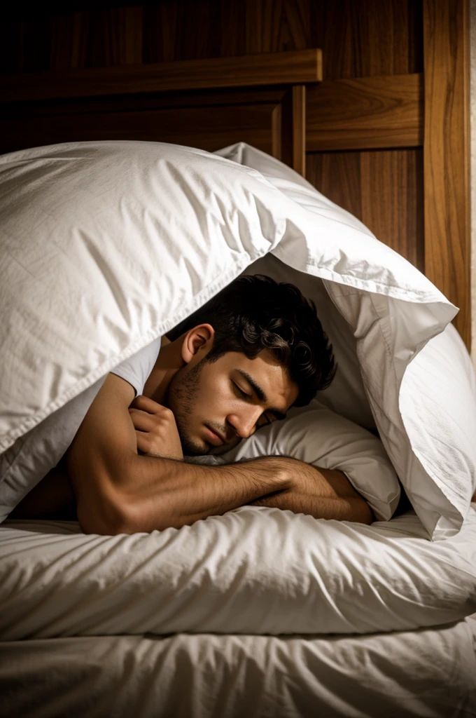 Young man covered in his bed thinking at night