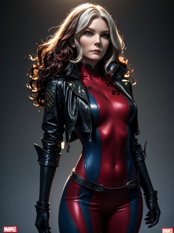 Kirsten Dunst、masterpiece、High quality 4K、villain (X-Men)、Gothic Girl、Sculpted Body Gothic Makeup、Black jacket、Red and blue bodysuit、masterpiece、Highest quality、Cowboy Shots、One personの女の子、One person、Technology Military Bodysuit、fringe
