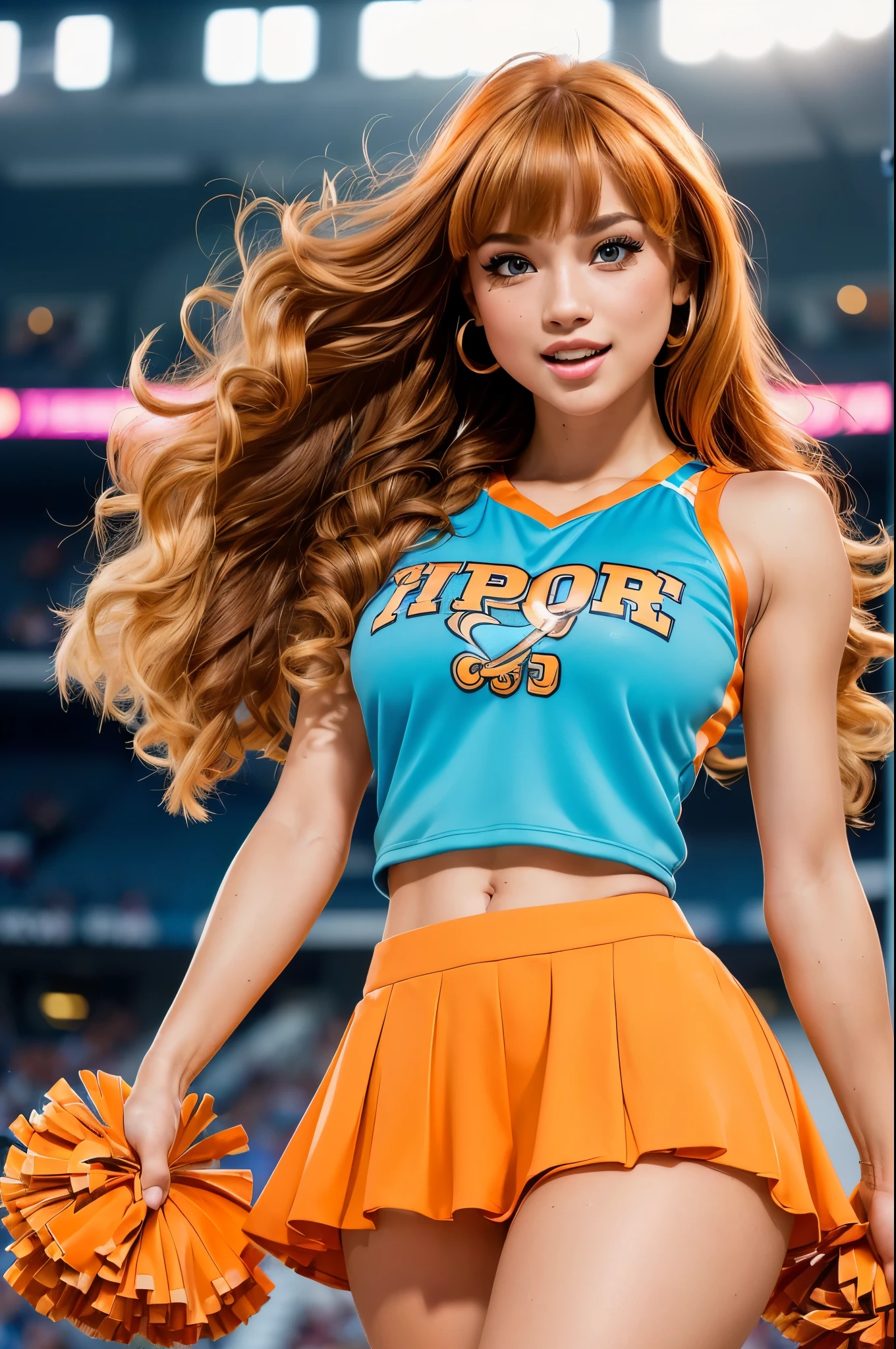 (Masterpiece, Professional lighting, 16k, 8k wallpaper, raw photo, photorealistic:1.8, ultra detailed, , 16 mm lens, (Masterpiece, Professional lighting, 16k, 8k wallpaper, raw photo, photorealistic:1.8, ultra detailed, slightly wide angle lens, natural lighting, detailed skin, detailed joyous face, detailed eyes, 1 beautiful happy female cheerleader, cheerleader outfit, cheer squad leader during a game, full body image , long curly blond hair with bangs, hazel eyes, cheering:1.3, ???? cheer skirt, ???? top, team colors are orange and light blue