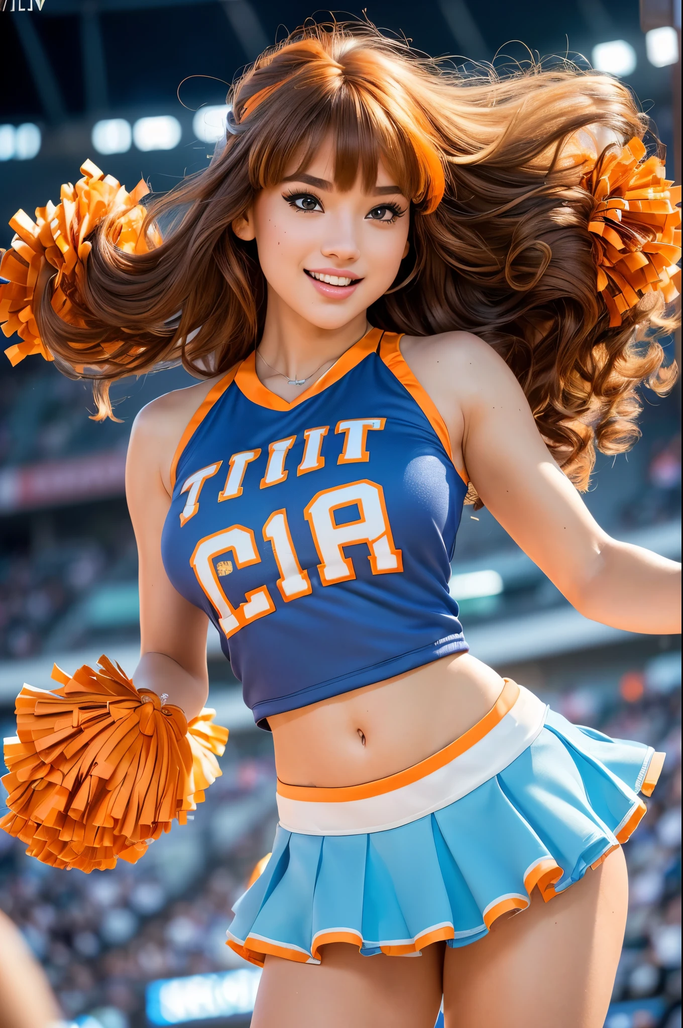 (Masterpiece, Professional lighting, 16k, 8k wallpaper, raw photo, photorealistic:1.8, ultra detailed, , 16 mm lens, (Masterpiece, Professional lighting, 16k, 8k wallpaper, raw photo, photorealistic:1.8, ultra detailed, slightly wide angle lens, natural lighting, detailed skin, detailed joyous face, detailed eyes, 1 beautiful happy female cheerleader, cheerleader outfit, cheer squad leader during a game, full body image , long curly blond hair with bangs, hazel eyes, cheering:1.3, sexy cheer skirt, sexy top, team colors are orange and light blue