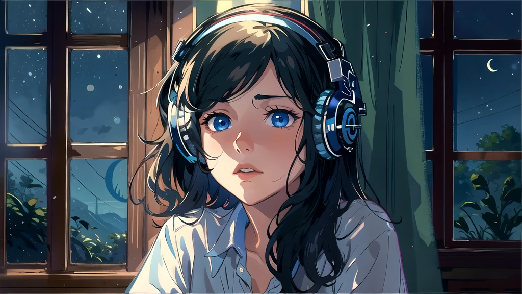 Create an illustration of a girl with dark hair and blue eyes, sitting sideways in front of the window of her room, She is wearing headphones and has a sentimental and introspective expression, Moonlight softly shines into the room, gently illuminating the space, Curtains sway in the breeze, enhancing the serene, melancholic atmosphere, Emphasizing the themes of solitude, silence, and the depths of night, the room is dark but slightly illuminated by moonlight