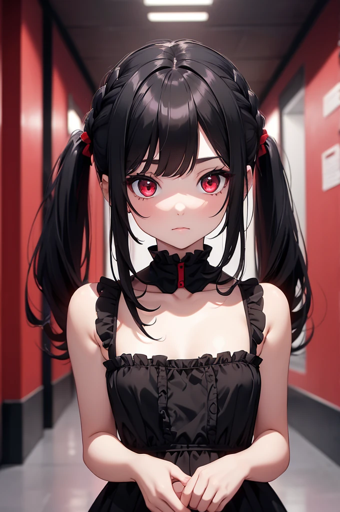 (8K, Best Quality, Masterpiece, Ultra High Resolution) 1 Girl, Young Girl, Beautiful Eyes, Face Details, Black Hair, Pigtail Braids, Red Eyes, Pale Skin, Short Formal Dress, Cute Black Dress, Standing in Red Hallway, Masterpiece, Best Quality, Upper Body, Looking at the Viewer, Close Up