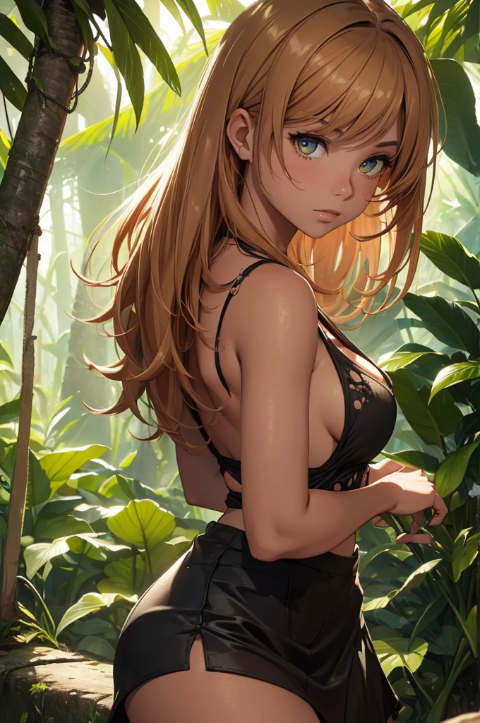 a young woman with tanned skin, amber eyes, short reddish-blonde hair, wearing a torn top and torn skirt, in a jungle setting, (best quality,4k,8k,highres,masterpiece:1.2),ultra-detailed,(realistic,photorealistic,photo-realistic:1.37),detailed portrait,detailed jungle environment,warm color tones,natural lighting,cinematic composition,intricate details,lush foliage,vines,flowers,birds,butterflies