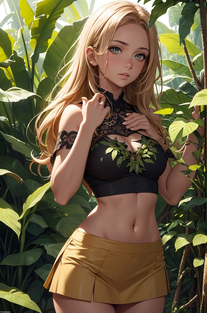 a young woman with tanned skin, amber eyes, short reddish-blonde hair, wearing a torn top and torn skirt, in a jungle setting, (best quality,4k,8k,highres,masterpiece:1.2),ultra-detailed,(realistic,photorealistic,photo-realistic:1.37),detailed portrait,detailed jungle environment,warm color tones,natural lighting,cinematic composition,intricate details,lush foliage,vines,flowers,birds,butterflies