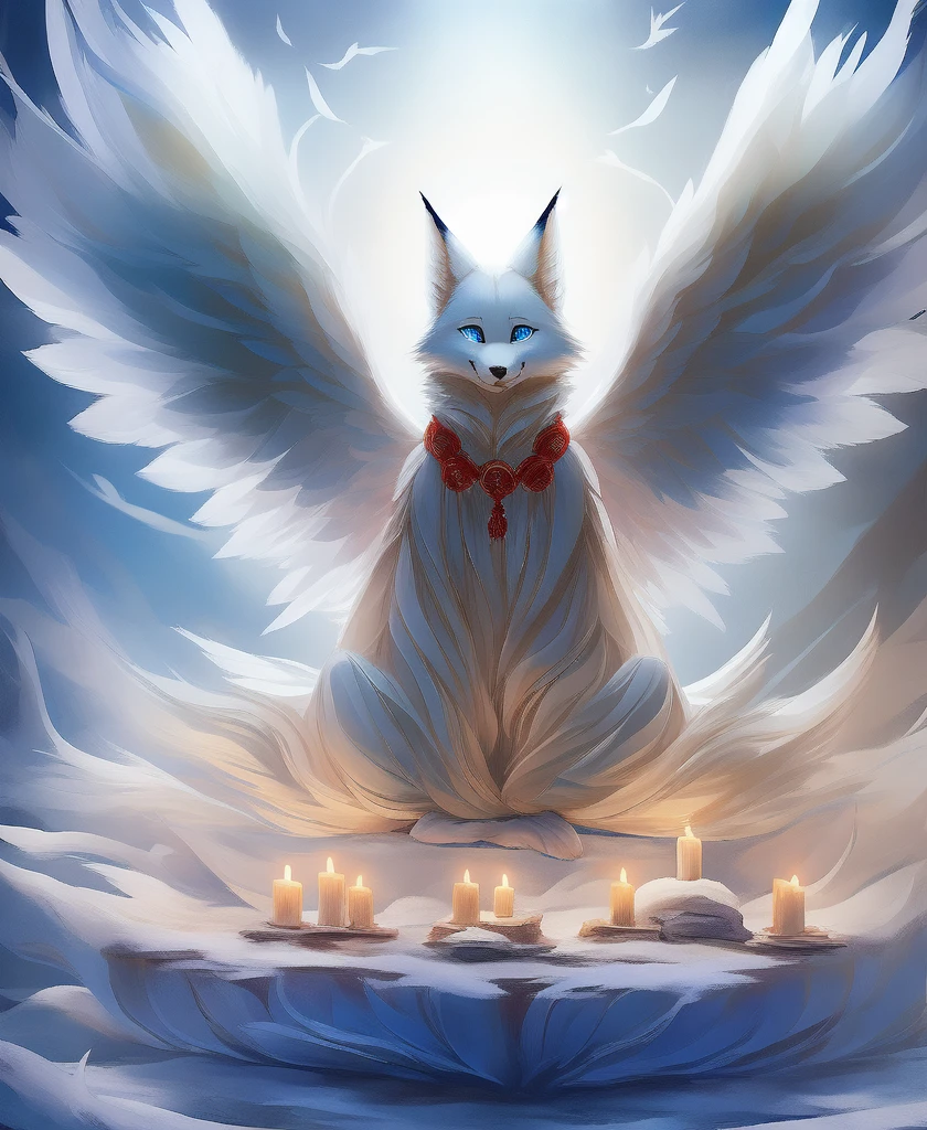 falvie 
asian_mythology east_asian_mythology mythology 
canid canine fox mammal will-o'-the-wisp 
2017 digital_media_(artwork) 
ambiguous_gender blue_eyes detailed_background feral fox_spirit fur kitsunebi multi_tail paws shrine sitting smile solo tail white_body white_fur, white angel wings, cute