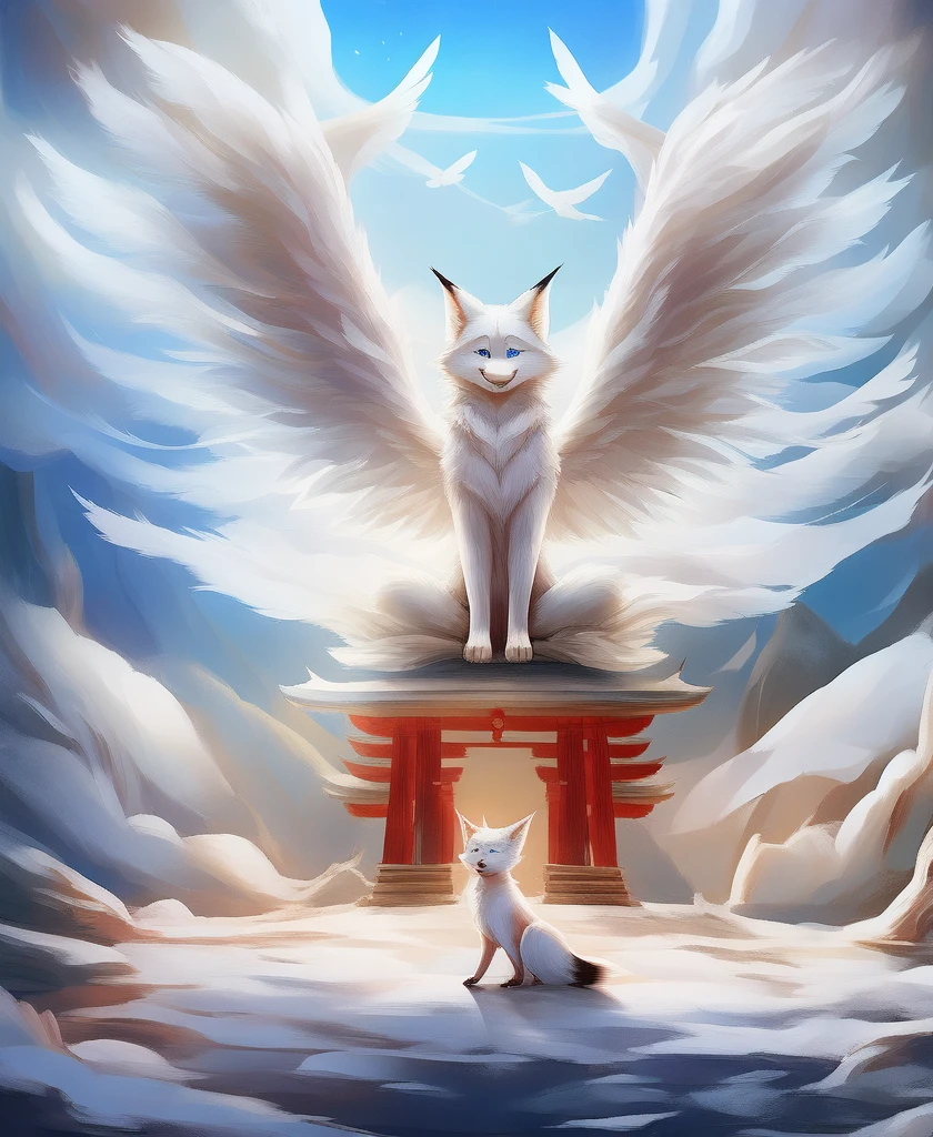 falvie 
asian_mythology east_asian_mythology mythology 
canid canine fox mammal will-o'-the-wisp 
2017 digital_media_(artwork) 
ambiguous_gender blue_eyes detailed_background feral fox_spirit fur kitsunebi multi_tail paws shrine sitting smile solo tail white_body white_fur, white angel wings, cute