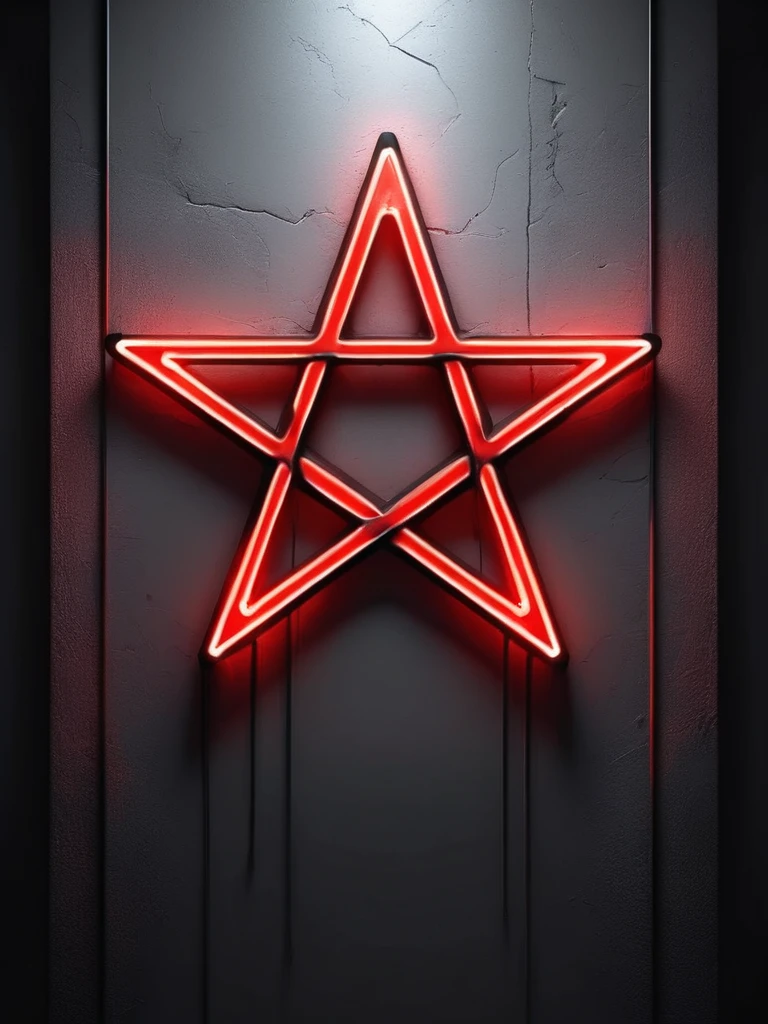 (plain white background), inverted pentagram symbol, neon lights vertical stripes drawn on the wall, Red color, black and dark gray, scary environment.