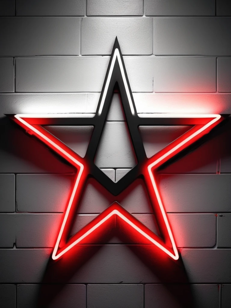 (plain white background), inverted pentagram symbol, neon lights vertical stripes drawn on the wall, Red color, black and dark gray, scary environment.