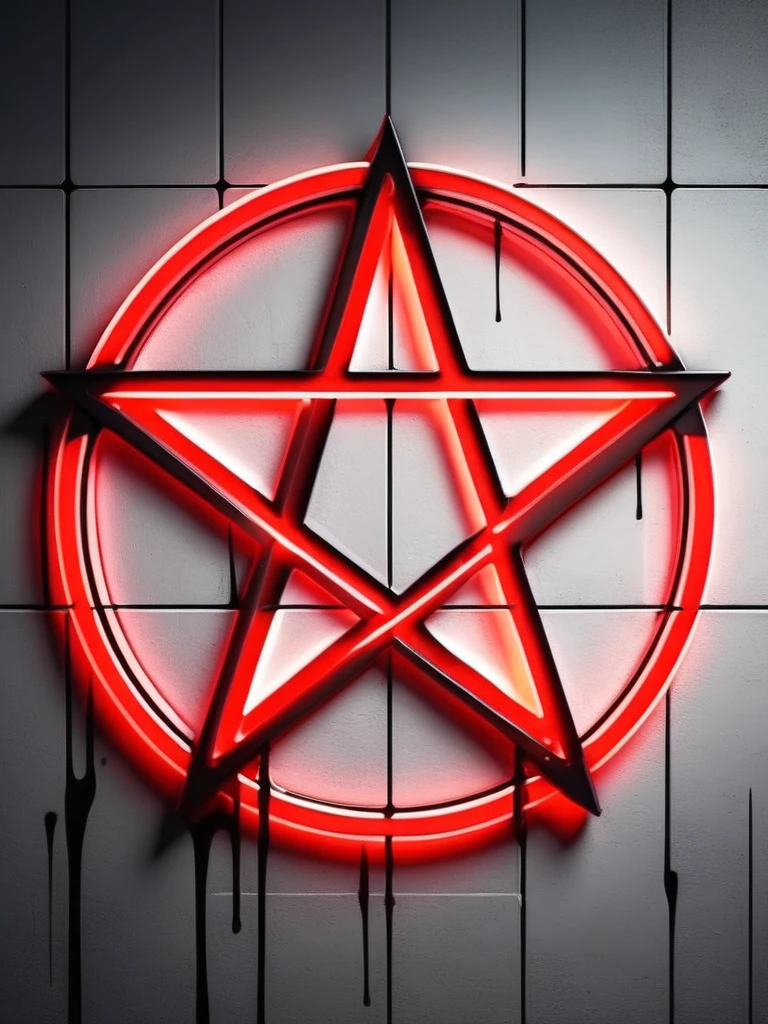 (plain white background), inverted pentagram symbol, neon lights vertical stripes drawn on the wall, Red color, black and dark gray, scary environment.