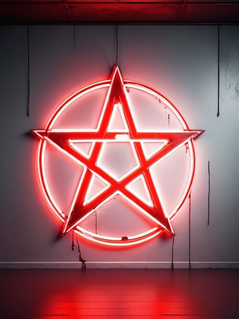 (plain white background), inverted pentagram symbol, neon lights vertical stripes drawn on the wall, Red color, black and dark gray, scary environment.