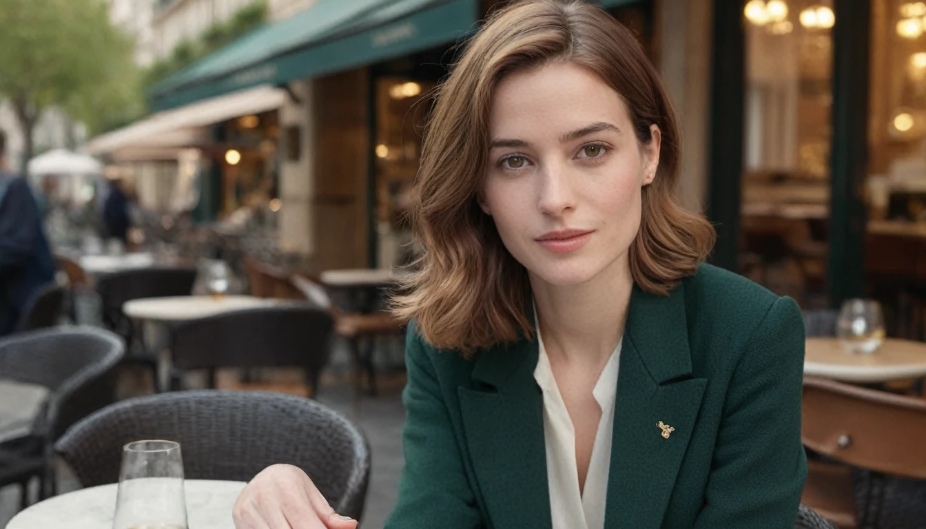 Ultrarealistic image of a 30-year-old French woman, capturing fine details of her facial features. The woman has shoulder-length chestnut hair, slightly wavy, and striking green eyes. She is wearing a chic, modern Parisian outfit, featuring a stylish blouse and a tailored coat. Her expression is confident and serene, reflecting her sophisticated yet approachable nature. The background is a softly blurred Parisian café scene, with elegant outdoor seating and subtle, warm lighting, enhancing her refined presence. Cinematic composition, high detail, photorealistic, 8K resolution.