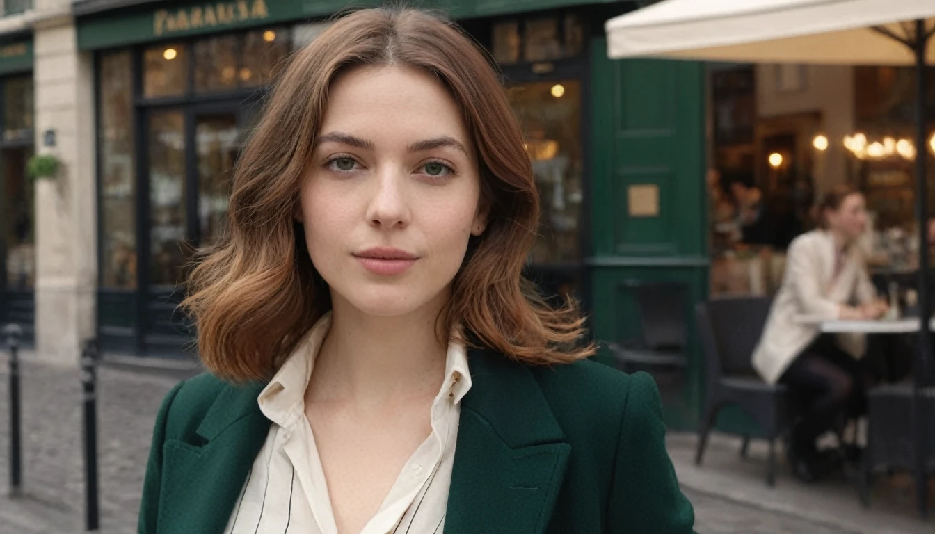 Ultrarealistic image of a 30-year-old French woman, capturing fine details of her facial features. The woman has shoulder-length chestnut hair, slightly wavy, and striking green eyes. She is wearing a chic, modern Parisian outfit, featuring a stylish blouse and a tailored coat. Her expression is confident and serene, reflecting her sophisticated yet approachable nature. The background is a softly blurred Parisian café scene, with elegant outdoor seating and subtle, warm lighting, enhancing her refined presence. Cinematic composition, high detail, photorealistic, 8K resolution.