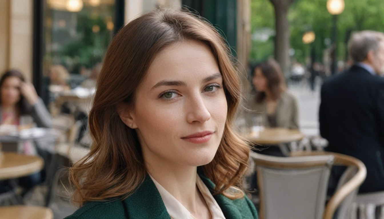 Ultrarealistic image of a 30-year-old French woman, capturing fine details of her facial features. The woman has shoulder-length chestnut hair, slightly wavy, and striking green eyes. She is wearing a chic, modern Parisian outfit, featuring a stylish blouse and a tailored coat. Her expression is confident and serene, reflecting her sophisticated yet approachable nature. The background is a softly blurred Parisian café scene, with elegant outdoor seating and subtle, warm lighting, enhancing her refined presence. Cinematic composition, high detail, photorealistic, 8K resolution.