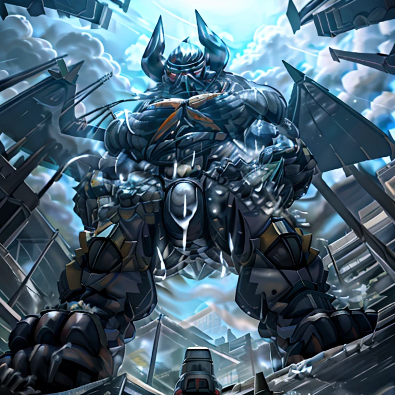 (masterpiece. official art. 8k. best quality. detailed full body. full body.)

(situation 1 : dominating demon lord dragon batzz. focus GIANT mechanical Muscular demon lord dragon batzz is trampling the CITY. Looking down. macro. stomp. Low-angle perspective. emphasizing the immense size. The perspective is from below, emphasizing the sheer majesty and power of the Giant. giant art. He is much bigger than a skyscraper. Giga Giants. micro CITY. looking down.)

(situation 2 :smoke and flames rising from the destruction in the city)

(Additional details 1: wearing a full-face helmet. high-tech bio-mecha armor. real texture material. whole body shines like metal. Wearing cyberpunk mecha. emphasizes the muscles. suit fully made of metal. intricate armor. Robotic suit. suit fully made of metal. cyborg. Powered exoskeleton with the same design as demon lord dragon batzz).

(Additional details 2: (Detailed head. Detailed Body. Detailed abs. gigantic muscles. HYPER MUSCLES. Gigachad Muscular. big muscle. pecs. triceps. traps. unusually developed muscular body. body full of huge muscles. showing off muscles. pectorales enormes. Exaggeratedly huge muscles. huge muscles. long legs.).

(Additional details 3: nj5furry, Spread wings. It has wings. White have big wings. The claws are sharp. Sharp teeth.5 toes.).

(Additional details 4: black color hyper penis. hyper black penis. big penis)

(Additional details 5 Spraying hyper cum up everywhere into the sky from his erect penis. wide spray of cum, covered in cum, cum splashing in front of camera, crowd of naked muscular male spectators, bukkake, City is under a thick later of cum.)