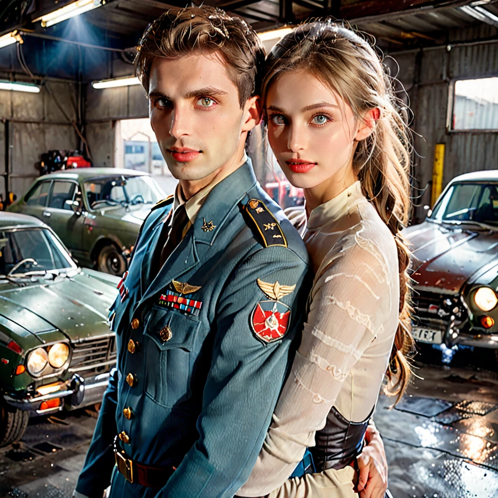 dystopian style , post-apocalyptic, dramatic, highly detailed, stunningly beautiful European girl standing , cute looking girl ,, handsome man with military costume hugs from behind her , wreck cars garage ,car's lights are on , dark floor like mirror , reflections,close-up shot, highly detailed, realistic, hyperrealism, lifelike photography , extremely detailed skin, she has beautiful mesmerizing face and small nose , dark shadows, indoors , cute smile , dim light