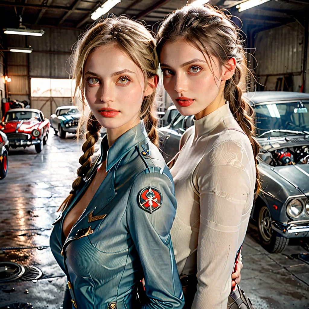 dystopian style , post-apocalyptic, dramatic, highly detailed, stunningly beautiful European girl standing , cute looking girl ,, handsome man with military costume hugs from behind her , wreck cars garage ,car's lights are on , dark floor like mirror , reflections,close-up shot, highly detailed, realistic, hyperrealism, lifelike photography , extremely detailed skin, she has beautiful mesmerizing face and small nose , dark shadows, indoors , cute smile , dim light