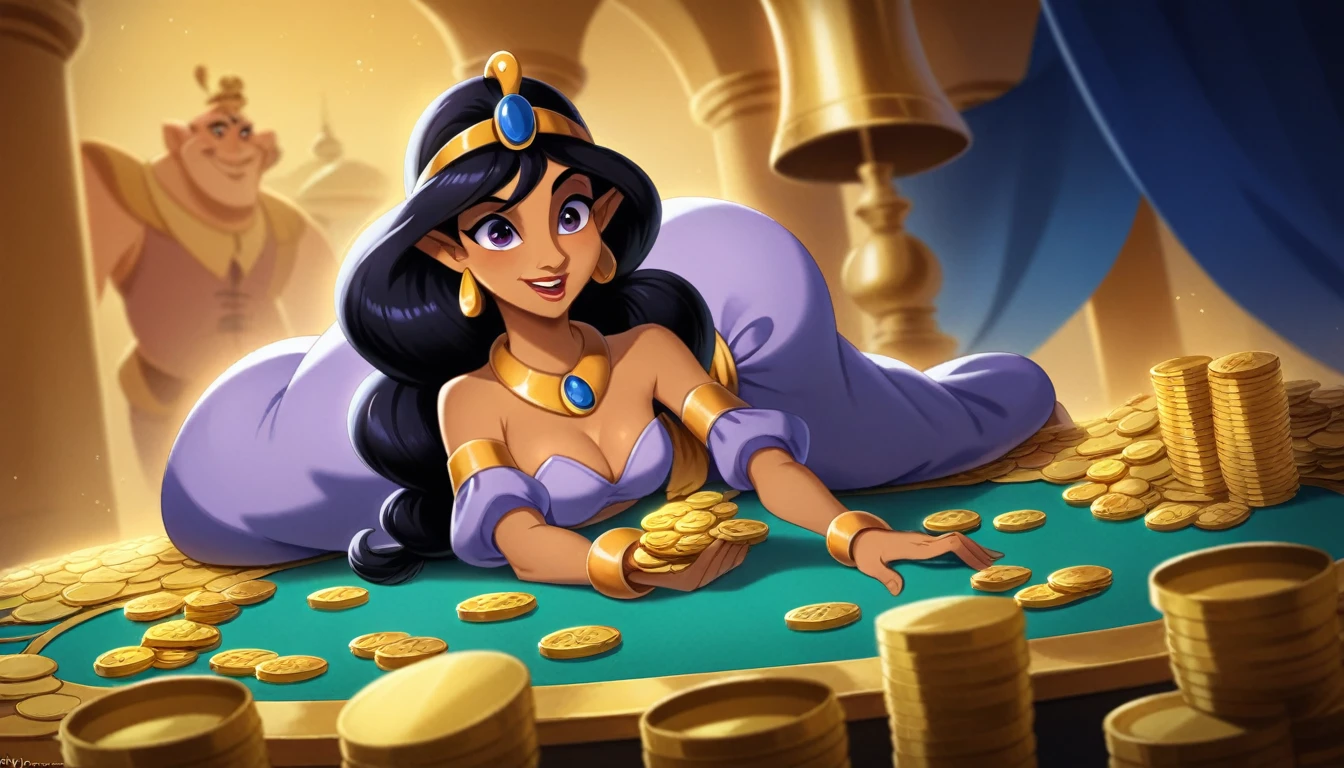 magic carpet,Aladdin,casino purple and gold feel,coin and money ,elf,Purple mood, gold coin anywhere Aladdin theme, casino magic background, a sexy beautiful asia elf with gold purple uniform, 3d rendering, 3k uhd quality,a bit magic feel, hand curry the Aladdin Magic Lamp have many coin, doll