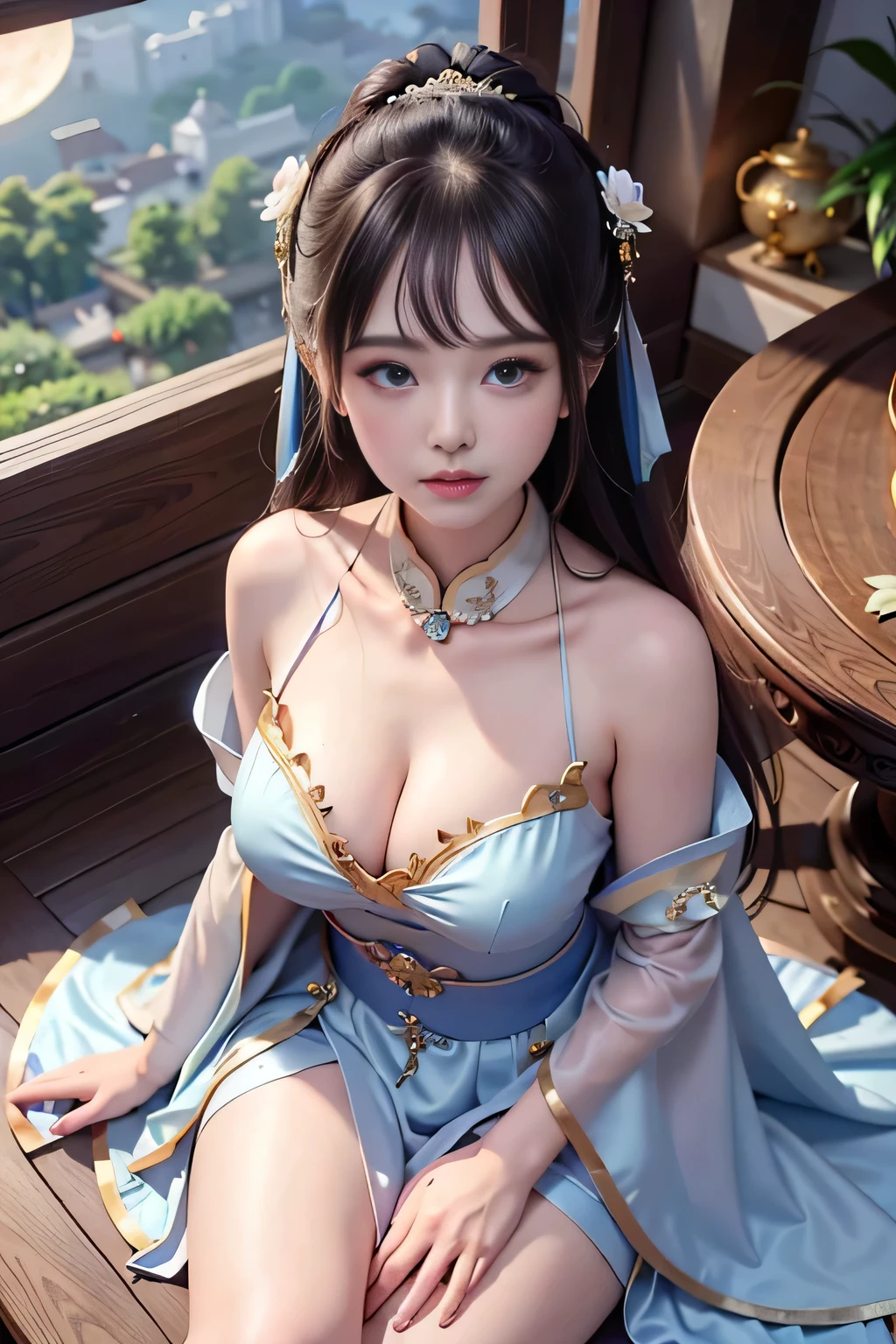 a princess 8 yeald old cute Hanfu  dynasty open V-chested clothes royal, All pictures, Wet body of thin silk fabric, Thin silk lace petticoat,princess 8 yeald old cute, (huge ，cleavage),petticoat, white pink, blue ，best qualtiy，tmasterpiece，Ultra-high resolution，（Reality：1.4），RAW photogr，（True skin texture：1.3），（filmgrain：1.3），（Selfie angle），1个Giant Breast Girl，Beautiful eye and face details，tmasterpiece，Best quality at best，exposing thighs，Bigchest，The chest is more exposed， detailed hair，above looking down facing at camera,short dressPrincess Eyes,Super big eyes,Detailed face,shiny pupils, dress pink (a garden,moon palace,Chang'e,mooncakes)
