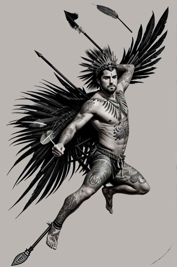 ((Best Quality)), ((vector)), (drawing), 1 item, indio,puma tattoo on his chest, throwing a spear,feather crown,gray scale, jumping forward,