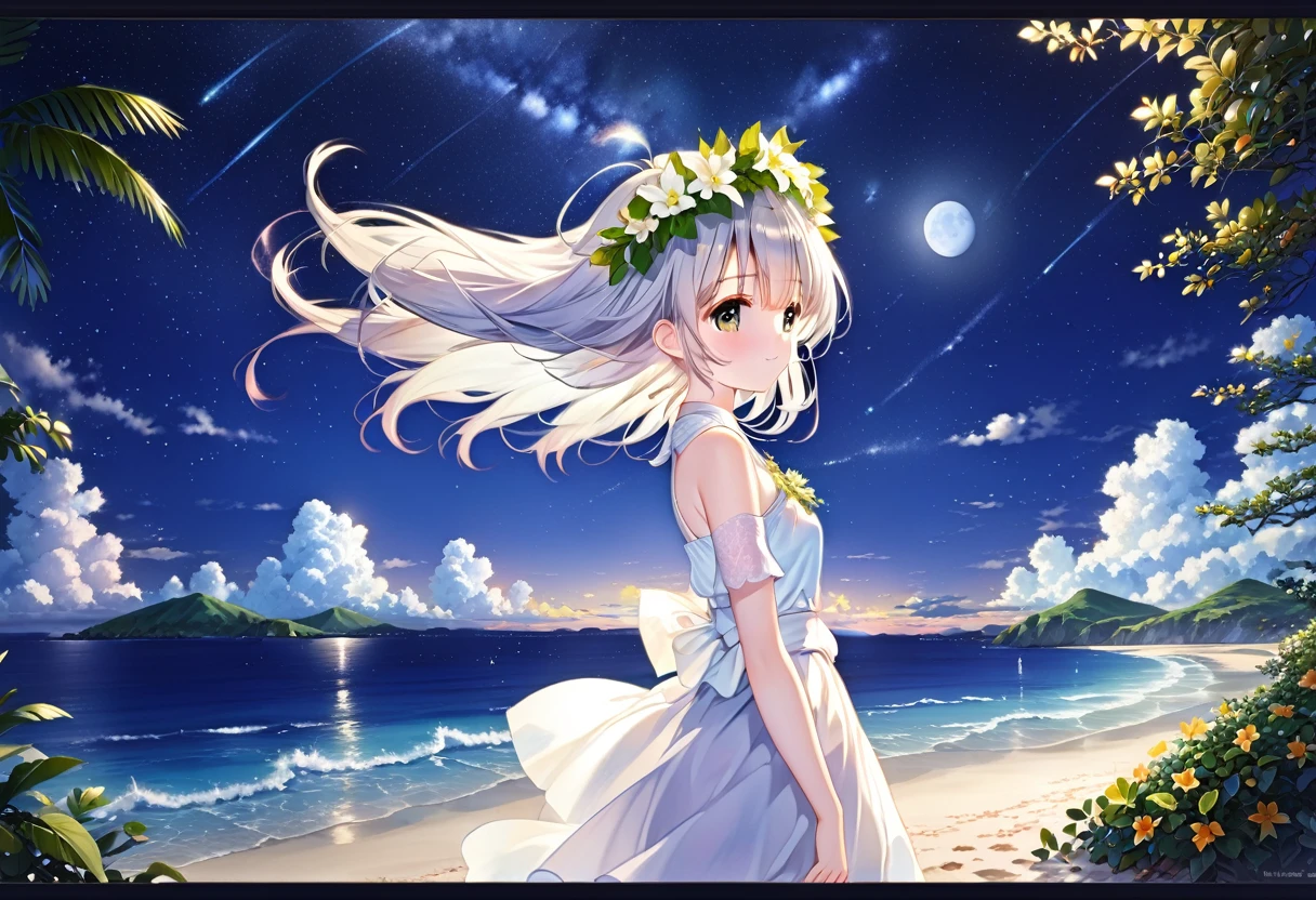 純whiteの少女は氷のような翡翠色ではない.. Her long hibiscus hair reaches down to her waist... 彼女は金属の縁取りが施されたシルクのエレガントなwhiteいストッキングを履いている。.。.（white, Translucent meat） Embarrassed look。Spoony。 Setting up the scene: A bright moon rises over the sea，The end of the world is now（Beautiful starry sky and Milky Way） Wearing a wreath on her head, A dreamlike wind blew her clothes away..