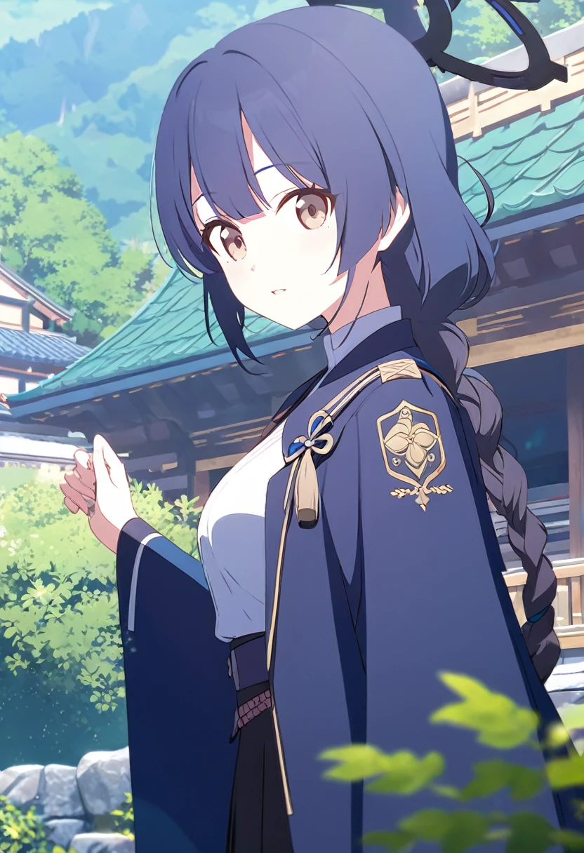 (One Girl,Midnight blue color hair,Hairstyle: braided ponytail, Light brown eyes,Medium chest,Dynamic Angle)Coat of blue,White shirt,Black Skirt,The shrine is hidden by the greenery of the mountains in the background.