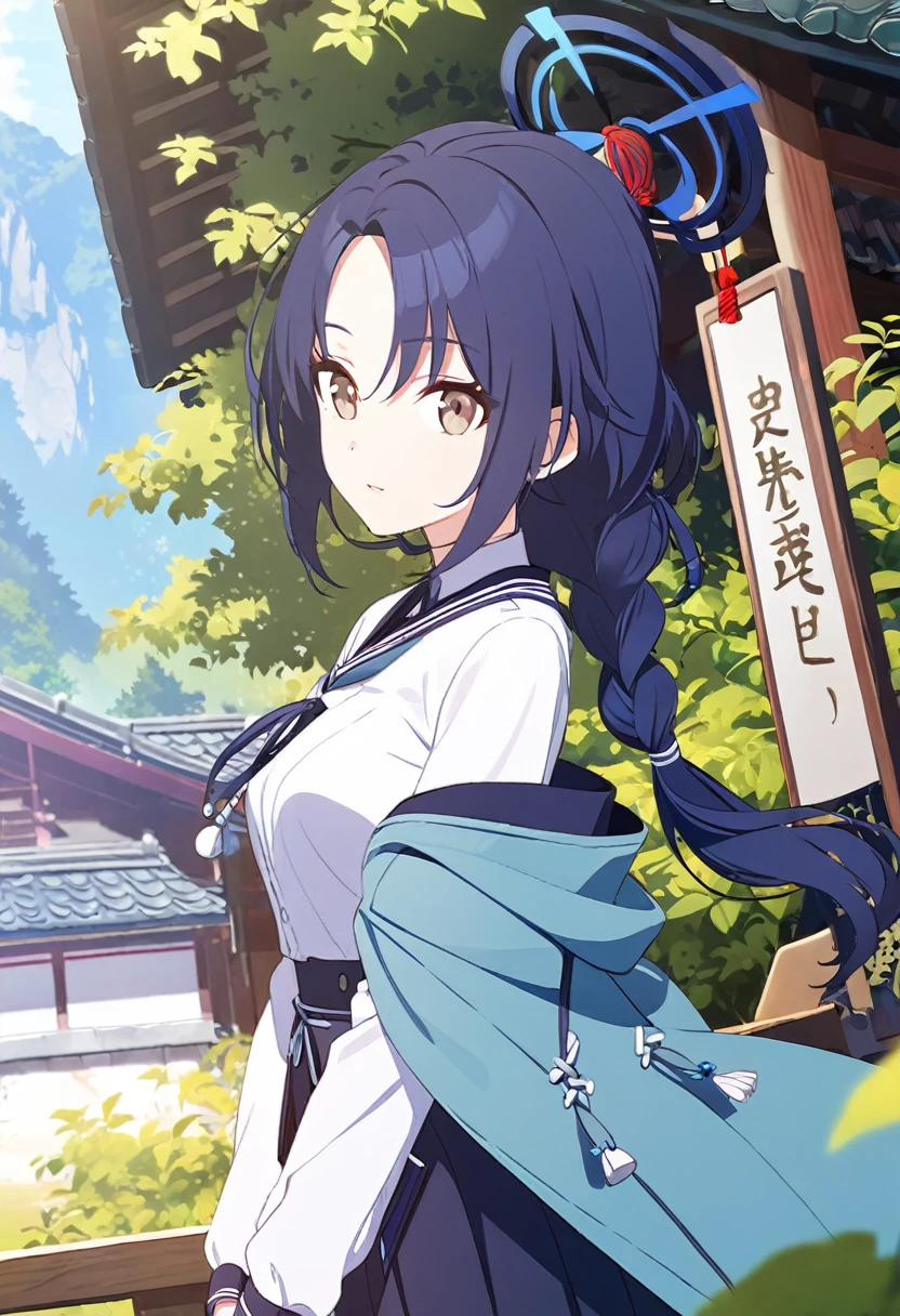 (One Girl,Midnight blue color hair,Hairstyle: braided ponytail, Light brown eyes,Medium chest,Dynamic Angle)Coat of blue,White shirt,Black Skirt,The shrine is hidden by the greenery of the mountains in the background.