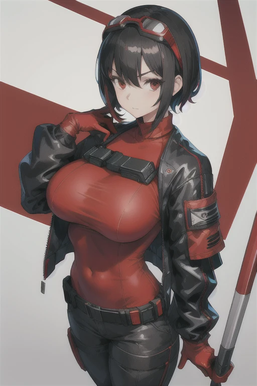 Masterpiece, best quality, 1girl, solo, black hair, short hair, red eyes, looking at viewer, (techwear jacket:1.3), red gloves, red utility pants, goggles on head, utility belt, (perfect breasts:1.3), facing viewer, ((red shirt)) mature female, big bust, nice hips