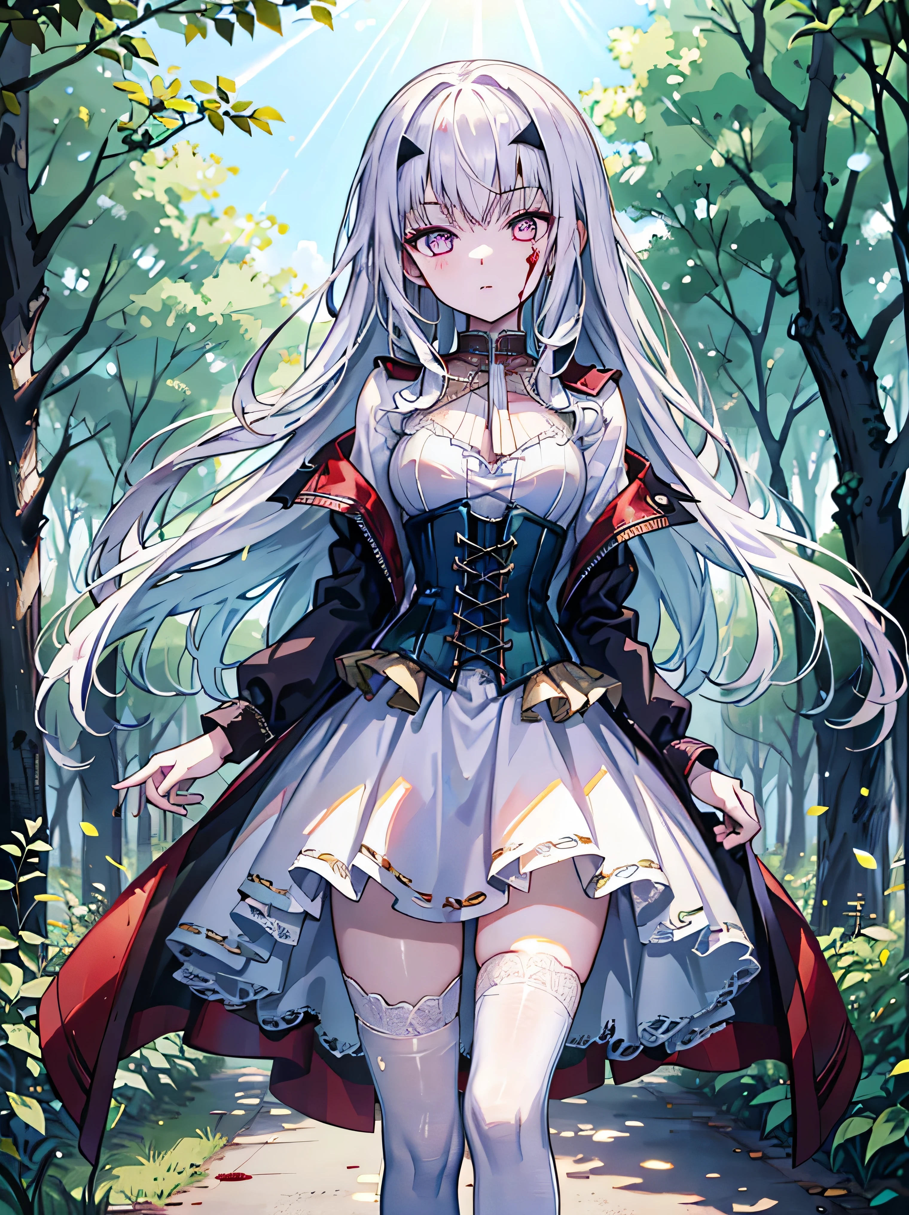 ((absurdres)), hd, uhd, (((HDR))), ((best quality)), (ultra high quality), (hi-res), ((1girl)), solo, alone, melusine, (blood orange eyes), long white hair, sidelocks, forked eyebrows, ((light purple dress)), dress, (((corset))), frills, long sleeves, white thighhighs, ((looking at viewer)), ((dynamic)), fairy forest city, outside, forest city buildings, sidewalk, trees, daytime, additional lighting, sunlight on face, noon, bright sun, forest scenery, (five fingers), (pin-up) 