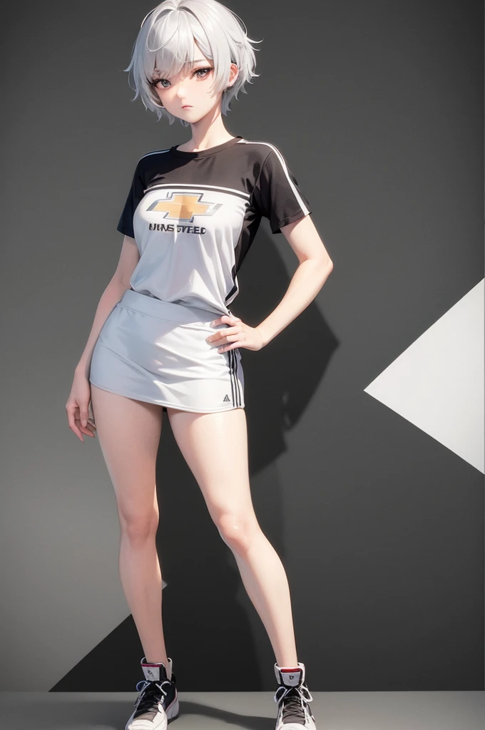 South korean movie actress :Football player , football team name : manchester united, 1girl, beautiful face, muscular slender body, hair color : gray white, hair style : very short hair Tapered With Fade And Textured Curls, 21 year old, anime style background , full body focus, well detailed, high resolution 8k, age:23, jersey t-shirt color : white & black , background : anime style news postor, full body focus, skin colour : brown,