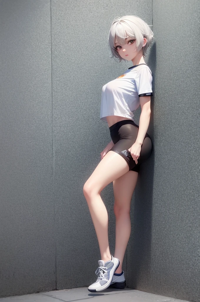 South korean movie actress :Football player , football team name : manchester united, 1girl, beautiful face, muscular slender body, hair color : gray white, hair style : very short hair Tapered With Fade And Textured Curls, 21 year old, anime style background , full body focus, well detailed, high resolution 8k, age:23, jersey t-shirt color : white & black , background : anime style news postor, full body focus, skin colour : brown,