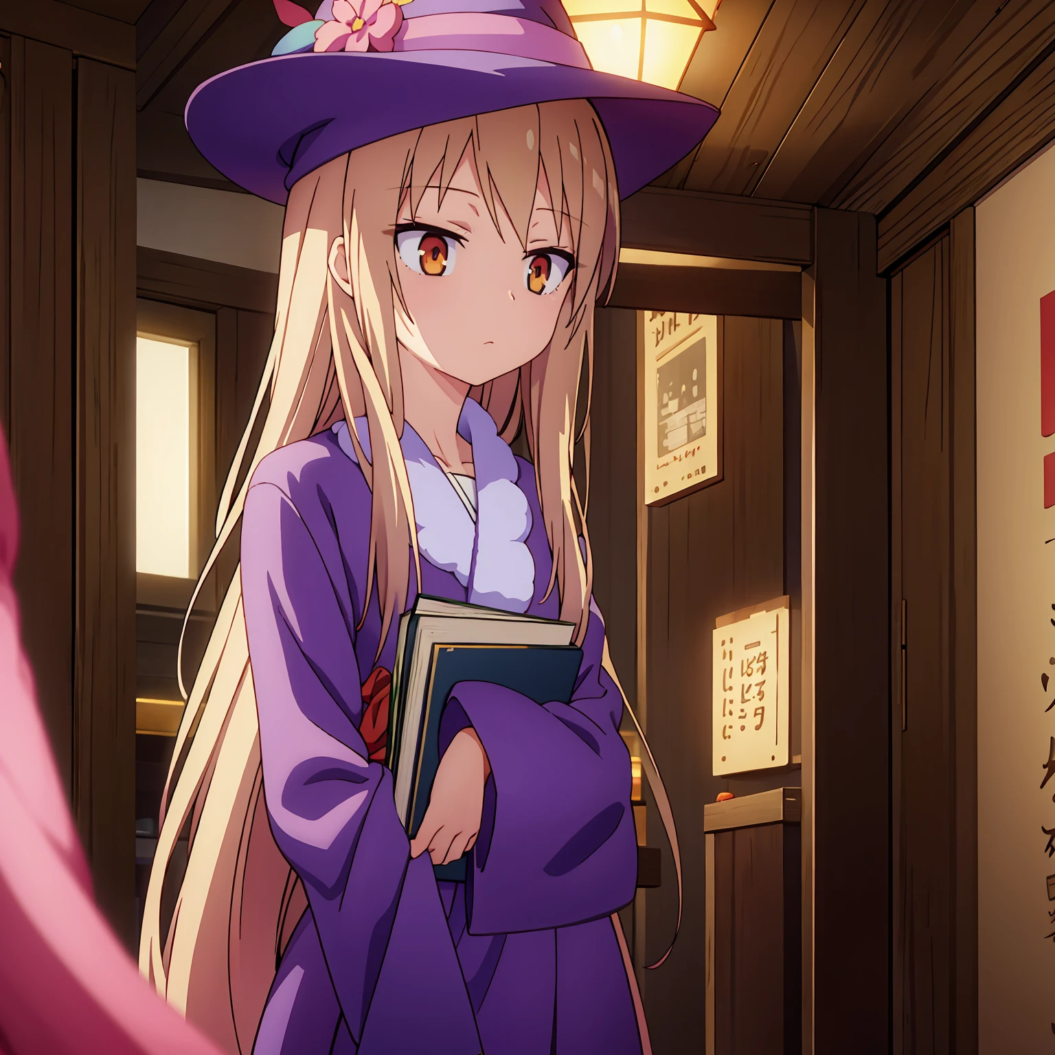 
Anime girl, Shiina Mashiro, Mashiro, Anime Sakurasou, long blonde hair, orange eyes, unimpressive, , witch outfit, magic book, Wooden room, Pictures, posters