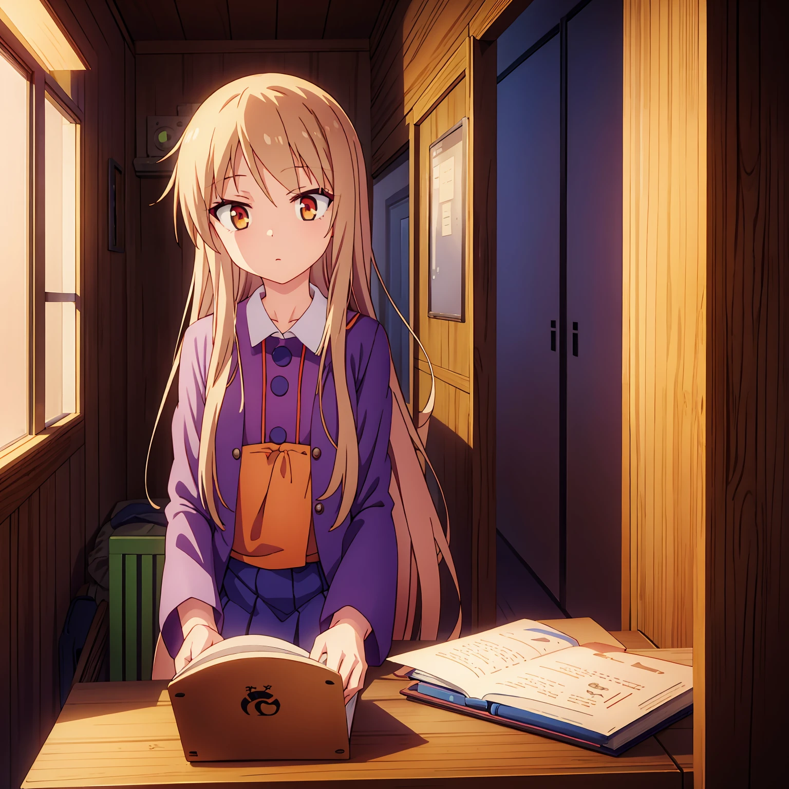 
Anime girl, Shiina Mashiro, Mashiro, Anime Sakurasou, long blonde hair, orange eyes, unimpressive, , witch outfit, magic book, Wooden room, Pictures, posters