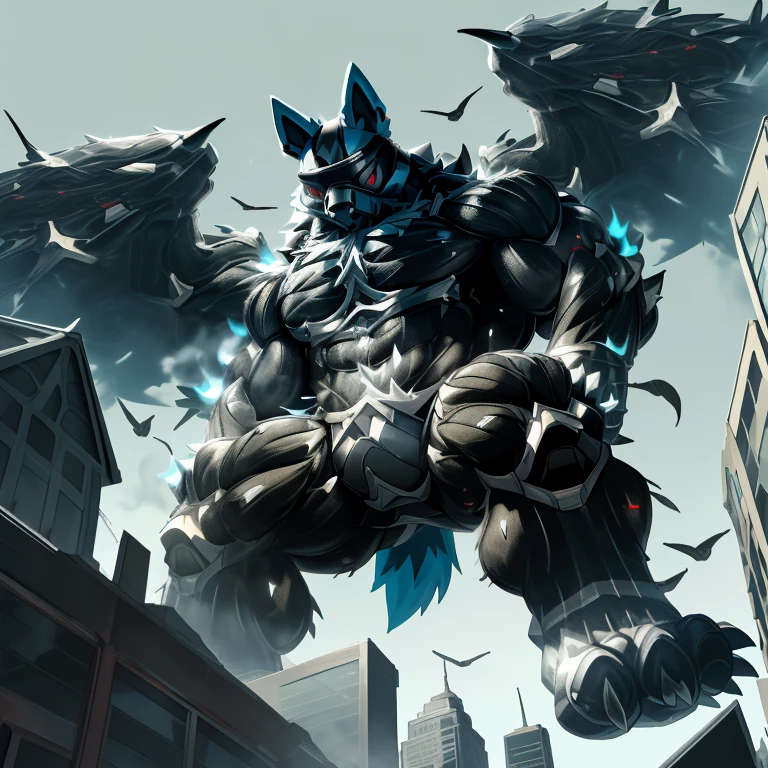 (masterpiece. official art. 8k. best quality. detailed full body. full body.)
(situation 1 : dominating LUCARIO. focus GIANT mechanical Muscular LUCARIO is trampling the CITY. macro. stomp. Low-angle perspective. emphasizing the immense size. The perspective is from below, emphasizing the sheer majesty and power of the Giant. giant art. He is much bigger than a skyscraper. Giga Giants. micro soccer field. looking down.)

(situation 2 :smoke and flames rising from the destruction in the city)

(Additional details 1: wearing a full-face helmet. helmet is jet black. The color of NANOSUIT is jet black. high-tech bio-mecha armor. real texture material. whole body shines like metal. Wearing cyberpunk mecha. emphasizes the muscles. suit fully made of metal. intricate armor. Robotic suit. suit fully made of metal. NANOSUIT with the same design as LUCARIO.). (Lucario has 5 toes.)

(Additional details 2: (Detailed head. Detailed Body. Detailed abs. gigantic muscles. HYPER MUSCLES. Gigachad Muscular. big muscle. pecs. triceps. traps. unusually developed muscular body. body full of huge muscles. showing off muscles. pectorales enormes. Exaggeratedly huge muscles. huge muscles. long legs.).

(Additional details 3: nj5furry, Spread wings. It has wings. black have big wings. The claws are sharp. Sharp teeth.5 toes.). 