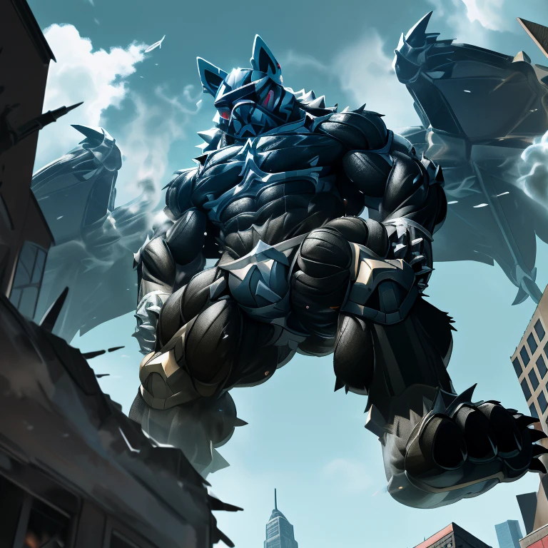 (masterpiece. official art. 8k. best quality. detailed full body. full body.)
(situation 1 : dominating LUCARIO. focus GIANT mechanical Muscular LUCARIO is trampling the CITY. macro. stomp. Low-angle perspective. emphasizing the immense size. The perspective is from below, emphasizing the sheer majesty and power of the Giant. giant art. He is much bigger than a skyscraper. Giga Giants. micro soccer field. looking down.)
(situation 2 :smoke and flames rising from the destruction in the city)
(Additional details 1: wearing a full-face helmet. helmet is jet black. The color of NANOSUIT is jet black. high-tech bio-mecha armor. real texture material. whole body shines like metal. Wearing cyberpunk mecha. emphasizes the muscles. suit fully made of metal. intricate armor. Robotic suit. suit fully made of metal. NANOSUIT with the same design as LUCARIO.). (Lucario has 5 toes.)
(Additional details 2: (Detailed head. Detailed Body. Detailed abs. gigantic muscles. HYPER MUSCLES. Gigachad Muscular. big muscle. pecs. triceps. traps. unusually developed muscular body. body full of huge muscles. showing off muscles. pectorales enormes. Exaggeratedly huge muscles. huge muscles. long legs.).
(Additional details 3: nj5furry, Spread wings. It has wings. black have big wings. The claws are sharp. Sharp teeth.5 toes.).