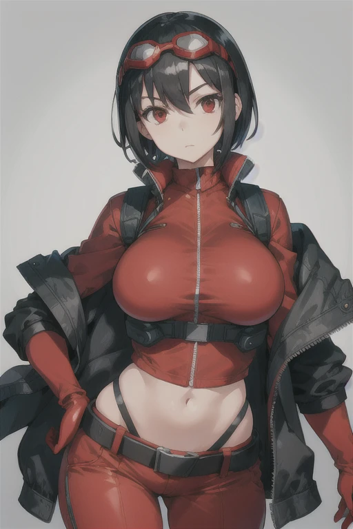 Masterpiece, best quality, 1girl, solo, black hair, short hair, red eyes, looking at viewer, (techwear jacket:1.3), red gloves, red utility pants, goggles on head, utility belt, (perfect breasts:1.3), facing viewer, ((red shirt)) mature female, big bust, nice hips