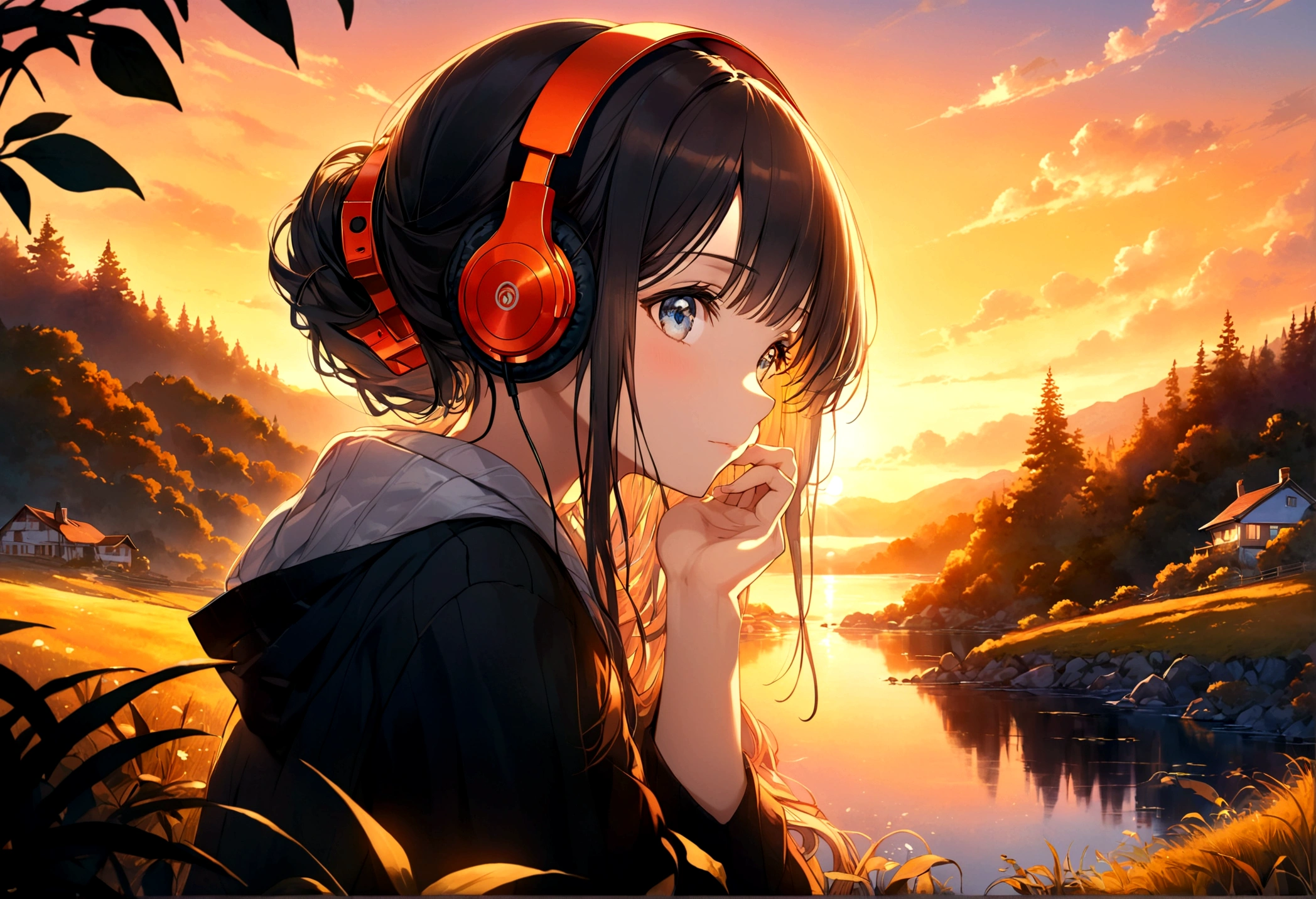 A young woman with headphones, entranced by the stunning sunset before her. She radiates peace and contentment, her eyes reflecting the warm hues of the sky as she basks in the glow of nature's beauty. This scene is portrayed in a beautifully detailed anime-style painting, capturing the girl's serene expression and the vibrant colors of the setting sun. The cozy atmosphere of her home is evident in the warm lighting and comfortable surroundings, enhancing the overall sense of tranquility and comfort emanating from the image.