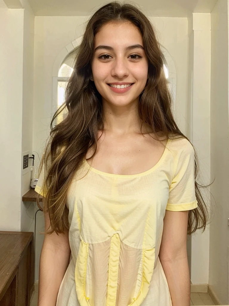 20YO, small nose, one women,attractive, Jordanian, Arab, Bright Yellow shirt, cute smile, cute face, white teethes, skinny face, light brown eyes, black/blonde long hair, modest, selfie