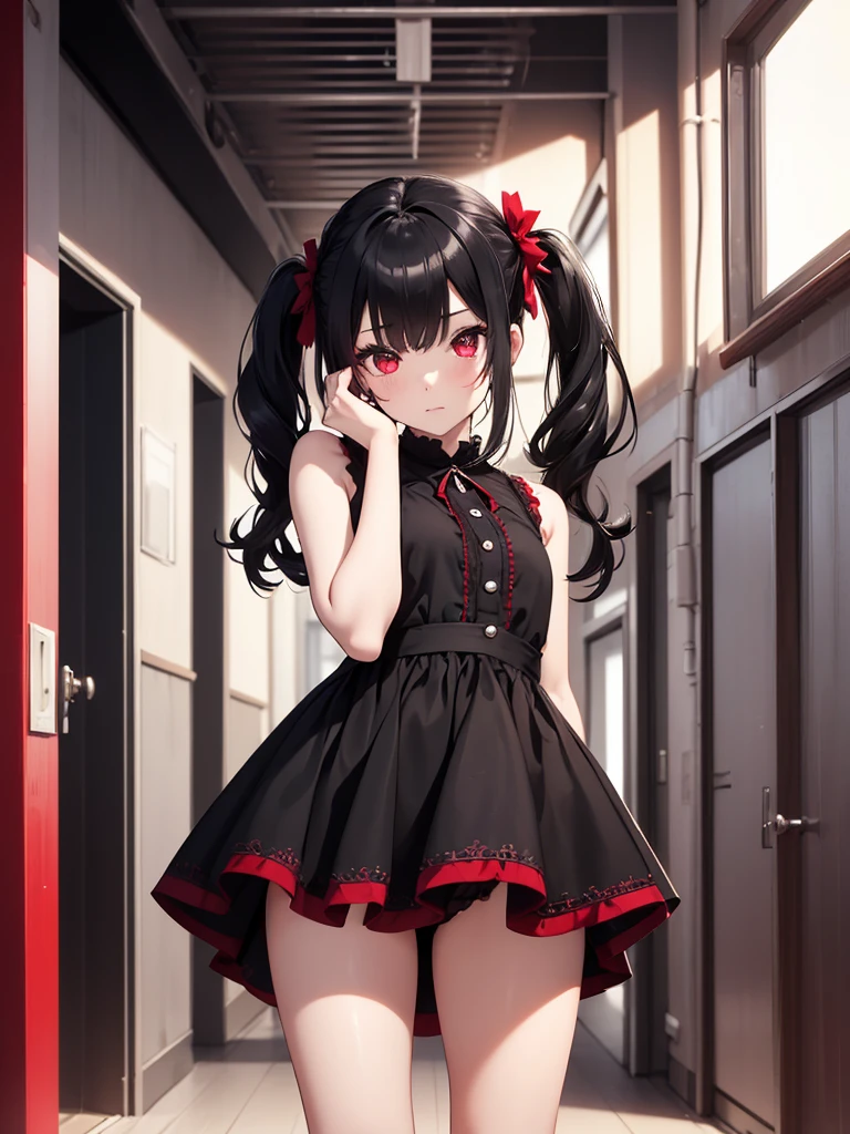 (8K, Best Quality, Masterpiece, Ultra High Resolution) 1 Girl, Young Girl, Beautiful Eyes, Face Details, Black Hair, Pigtail Braids, Red Eyes, Pale Skin, Short Formal Dress, Cute Black Dress, Standing in Red Hallway, Masterpiece, Best Quality, Upper Body, Looking at the Viewer, Close Up