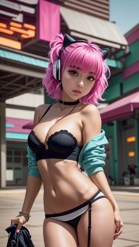 The character costume is KPOP, Hallyu, K-pop anime art style, Hallyu frontline style, Hallyu art style, kpop style, official artwork, Chibi art, Pisif, Blackpink style, cute. KPOP artwork in various poses, The popularity of Pisif art station, lingerie, 16 year old chibi, No watermark, Extra close-fitting mini skirt, open jacket, extra short clear top Strapless, cleavage, style clothing cyberpunk, smallest short short, wide angle, short top, very short,