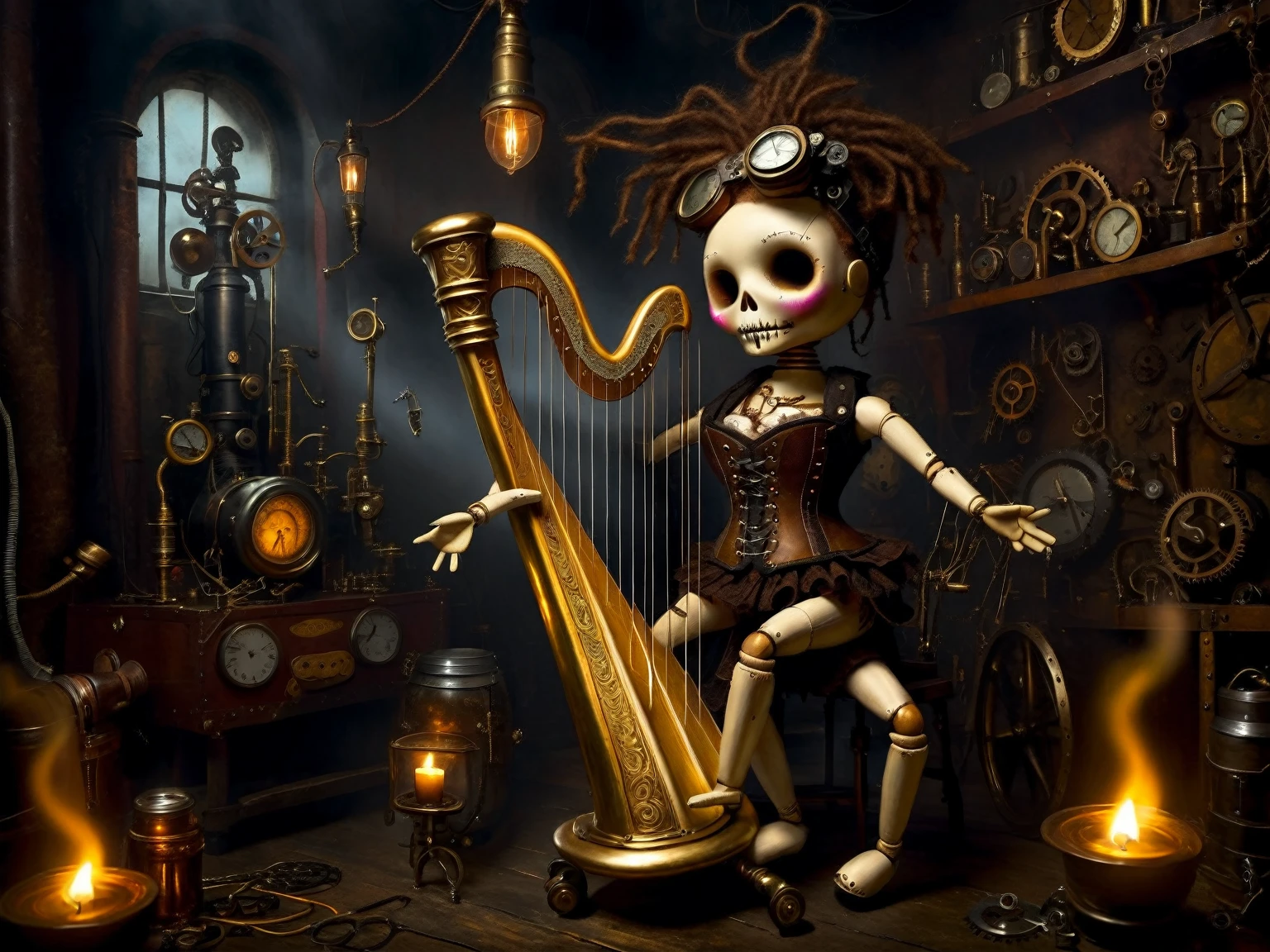 (voodoo doll playing knitted harp:1.2), (Voodoo Steampunk:1.3), (badass clothing: leather corset, aviator glasses, Gears and mechanical parts:1.0), (in the background steam engines, airships and Victorian buildings:1.2), best qualityer, work of art, detailed soft oil painting, detailed back ground, dramatic cinematic lighting, soft edge lighting, proffesional, dramatic lighting, hard edge lighting, ultra quality, 4K, work of art, best qualityer, 8K, ultra high definition, high resolution, extremely detaild, perfect details of the harp.