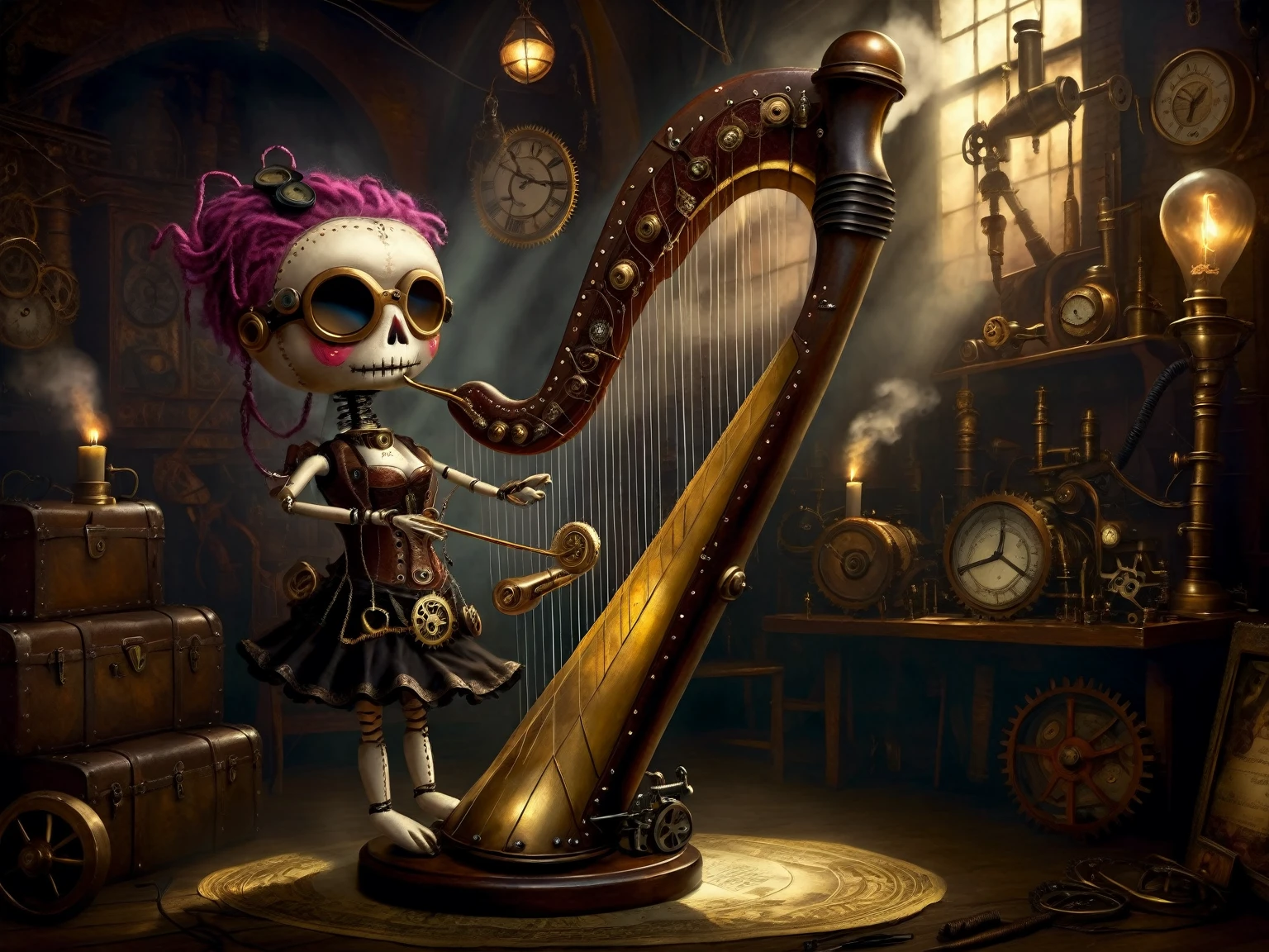 (voodoo doll playing knitted harp:1.2), (Voodoo Steampunk:1.3), (badass clothing: leather corset, aviator glasses, Gears and mechanical parts:1.0), (in the background steam engines, airships and Victorian buildings:1.2), best qualityer, work of art, detailed soft oil painting, detailed back ground, dramatic cinematic lighting, soft edge lighting, proffesional, dramatic lighting, hard edge lighting, ultra quality, 4K, work of art, best qualityer, 8K, ultra high definition, high resolution, extremely detaild, perfect details of the harp.