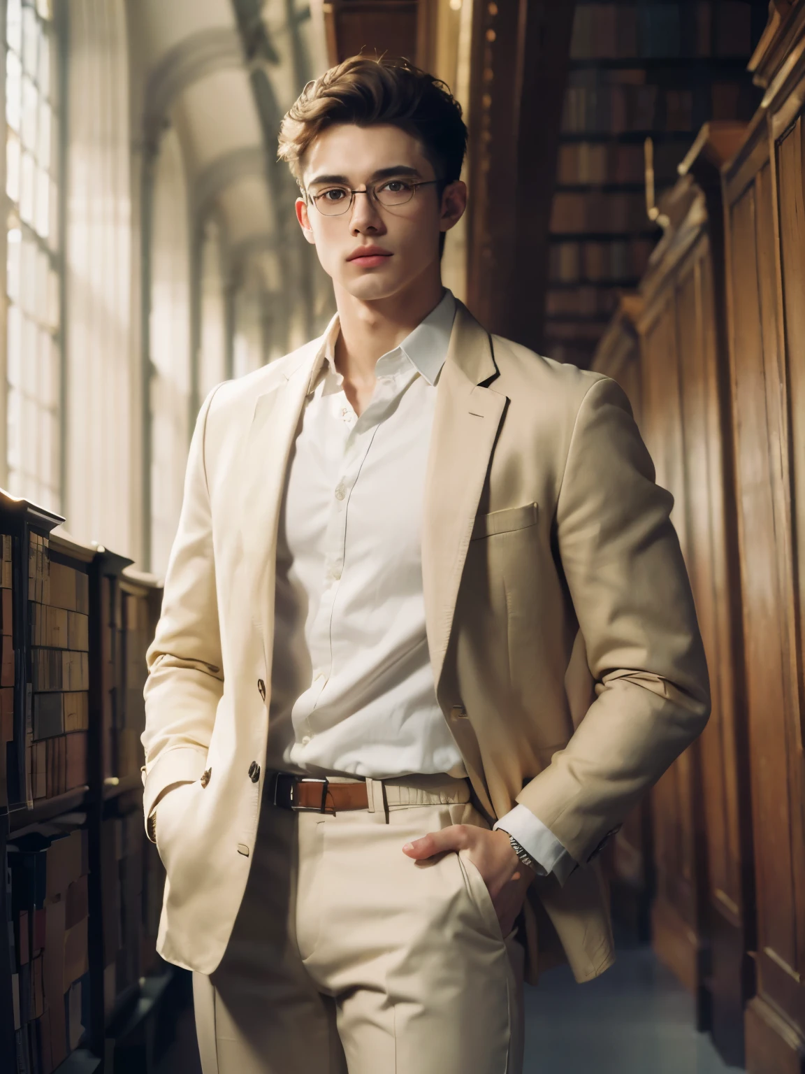 (Masterpiece, Hyperrealistic, 8k, HDR, RAW), ((Natural illumination)), inside illumination, warm illumination, ((Standing)), (((Inside a university Library))), ((handsome man)), American boy, bad boy, ((Pale skin)), 21 years old, ((Glasses)), ((Beige Jacket)),((White shirt)), ((Beige trousers)), ((Short hair)), ((Toned muscular body)), ((Brunet hair)), sexy face, sexy grin, perfect anatomy
