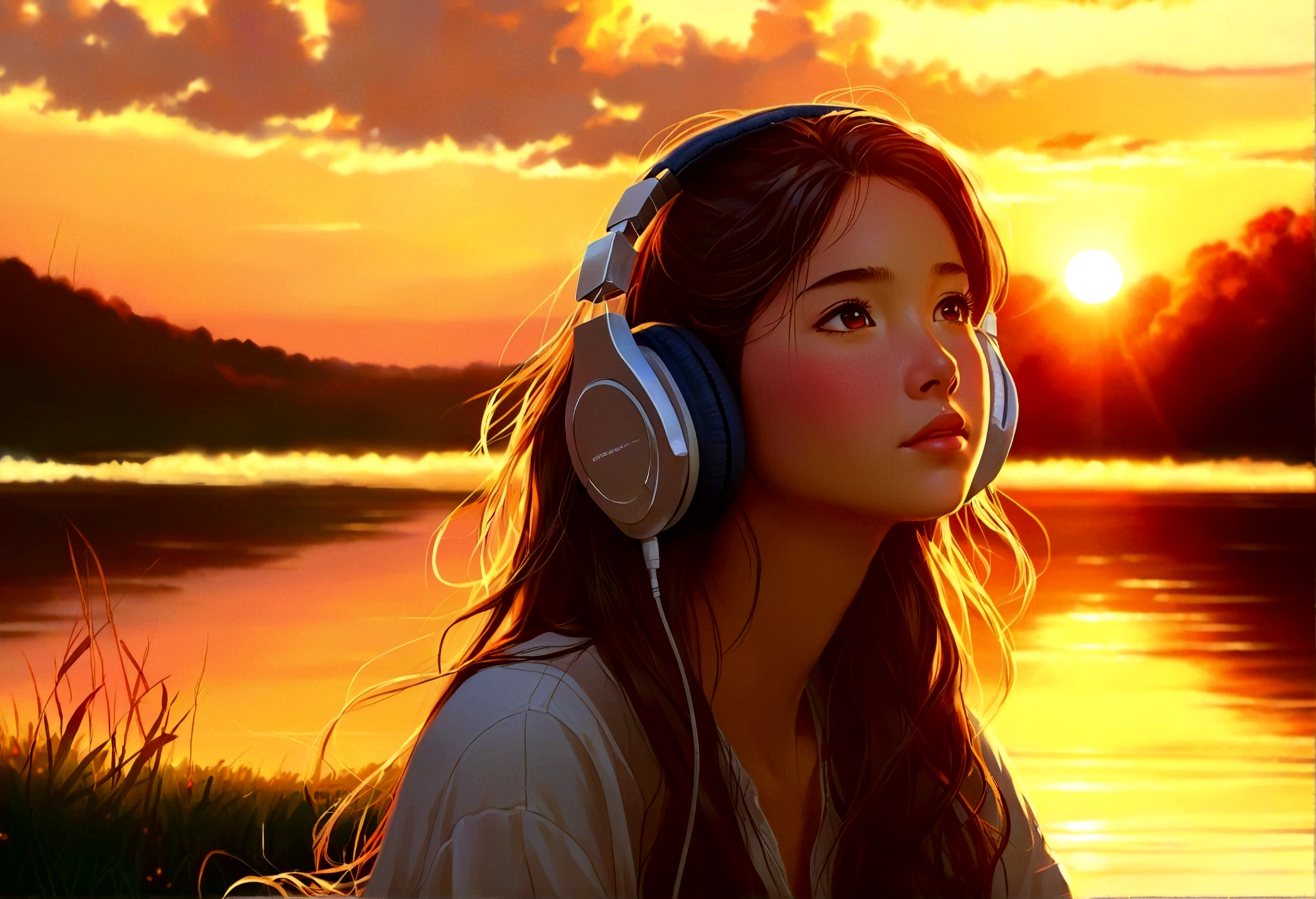 A young woman with headphones, entranced by the stunning sunset before her. She radiates peace and contentment, her eyes reflecting the warm hues of the sky as she basks in the glow of nature's beauty. This scene is portrayed in a beautifully detailed anime-style painting, capturing the girl's serene expression and the vibrant colors of the setting sun. The cozy atmosphere of her home is evident in the warm lighting and comfortable surroundings, enhancing the overall sense of tranquility and comfort emanating from the image.