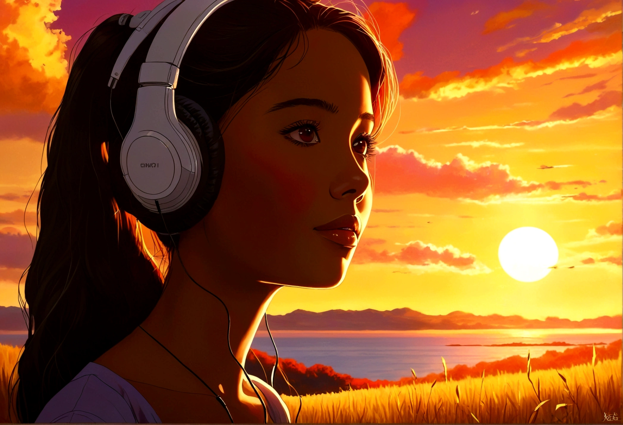A young woman with headphones, entranced by the stunning sunset before her. She radiates peace and contentment, her eyes reflecting the warm hues of the sky as she basks in the glow of nature's beauty. This scene is portrayed in a beautifully detailed anime-style painting, capturing the girl's serene expression and the vibrant colors of the setting sun. The cozy atmosphere of her home is evident in the warm lighting and comfortable surroundings, enhancing the overall sense of tranquility and comfort emanating from the image.