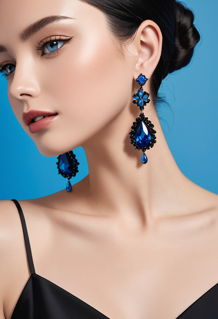 A close-up of a woman wearing a black dress and blue earrings