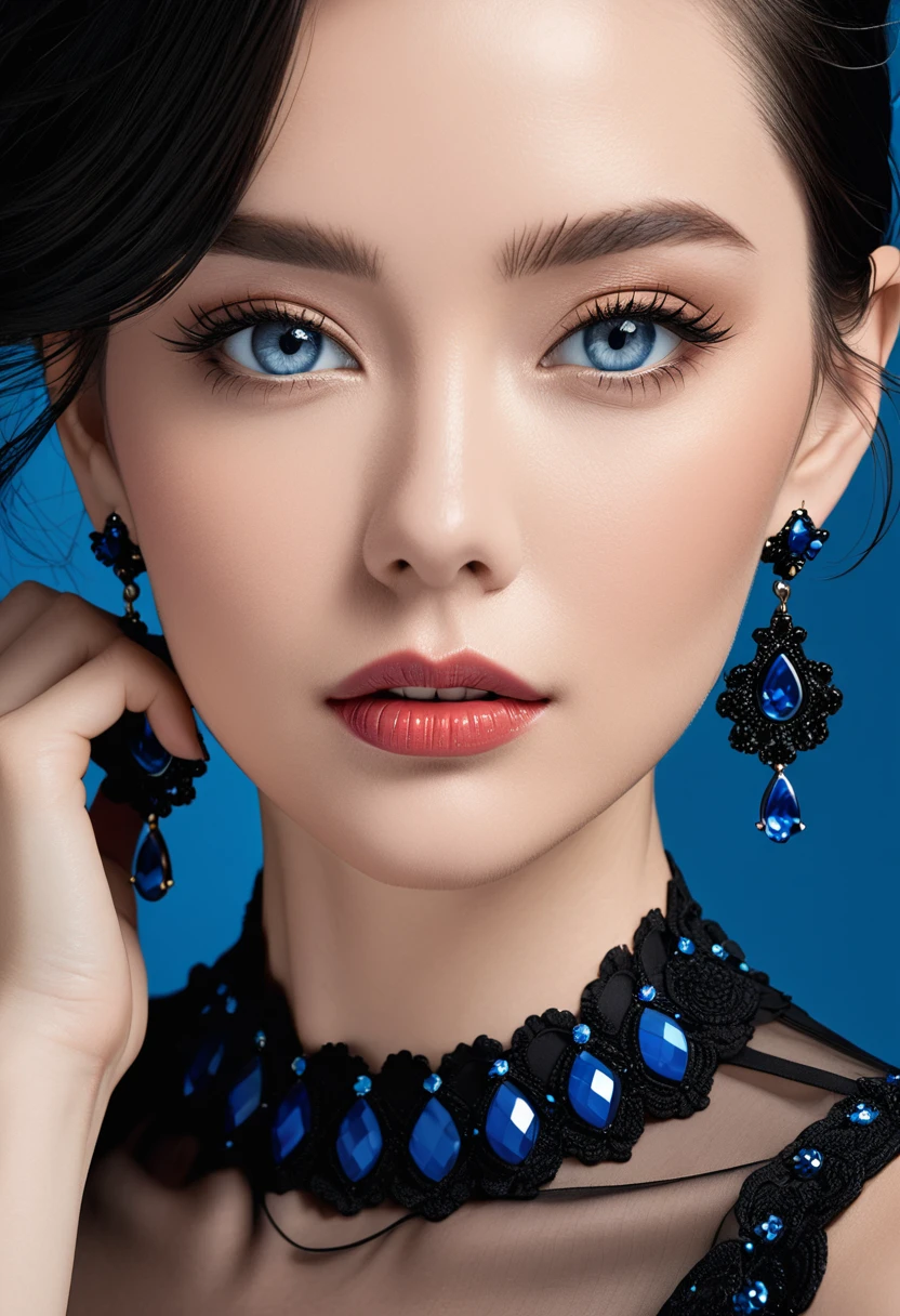A close-up of a woman wearing a black dress and blue earrings