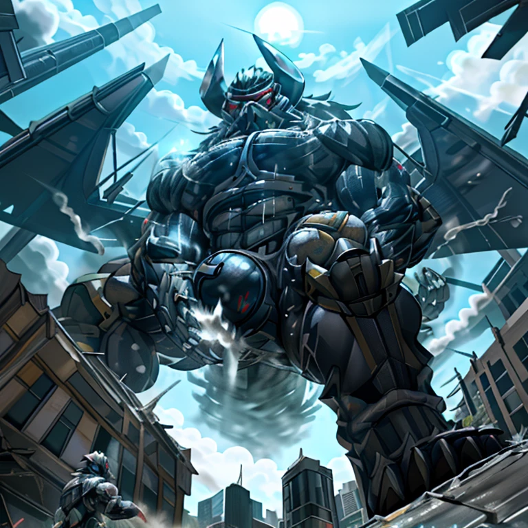 (masterpiece. official art. 8k. best quality. detailed full body. full body.)

(situation 1 : dominating demon lord dragon batzz. focus GIANT mechanical Muscular demon lord dragon batzz is trampling the CITY. Looking down. macro. stomp. Low-angle perspective. emphasizing the immense size. The perspective is from below, emphasizing the sheer majesty and power of the Giant. giant art. He is much bigger than a skyscraper. Giga Giants. micro CITY. looking down.)

(situation 2 :smoke and flames rising from the destruction in the city)

(Additional details 1: wearing a full-face helmet. high-tech bio-mecha armor. real texture material. whole body shines like metal. Wearing cyberpunk mecha. emphasizes the muscles. suit fully made of metal. intricate armor. Robotic suit. suit fully made of metal. cyborg. Powered exoskeleton with the same design as demon lord dragon batzz).

(Additional details 2: (Detailed head. Detailed Body. Detailed abs. gigantic muscles. HYPER MUSCLES. Gigachad Muscular. big muscle. pecs. triceps. traps. unusually developed muscular body. body full of huge muscles. showing off muscles. pectorales enormes. Exaggeratedly huge muscles. huge muscles. long legs.).

(Additional details 3: nj5furry, Spread wings. It has wings. White have big wings. The claws are sharp. Sharp teeth.5 toes.).

(Additional details 4: black color hyper penis. hyper black penis. big penis)

(Additional details 5 Spraying hyper cum up everywhere into the sky from his erect penis. wide spray of cum, covered in cum, cum splashing in front of camera, crowd of naked muscular male spectators, bukkake, City is under a thick later of cum.)