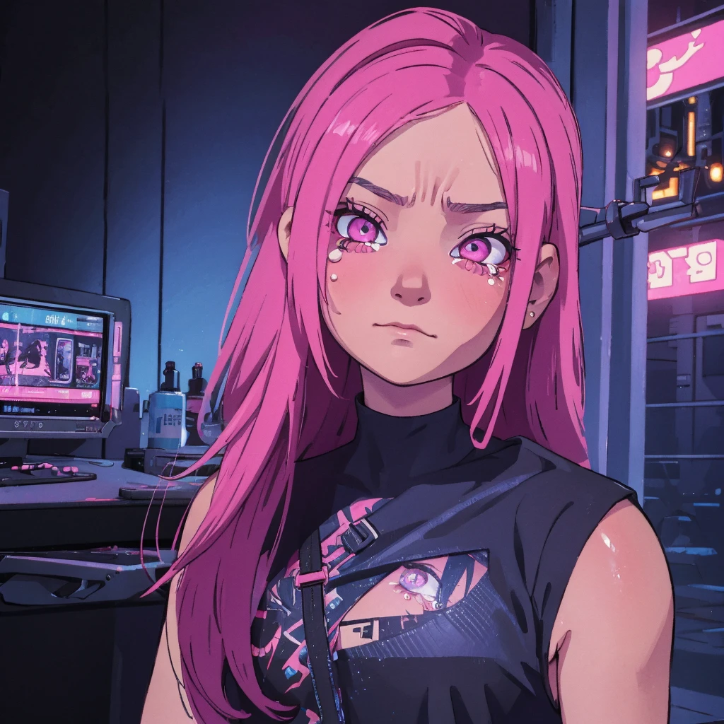 "Create a highly detailed, dark, and disturbing scene featuring a young woman with long, disheveled hair, partially covering her face. She should have a distressed, vacant expression, with wide, bloodshot eyes and visible tears and bloodstains running down her face In front of her face, she holds a large syringe vertically, filled with a bright pink liquid and blue lights, creating a strong contrast and a cyberpunk aesthetic. overall should be highly detailed and realistic, with an emphasis on disturbing and macabre elements, combined with surreal and cyberpunk touches."
